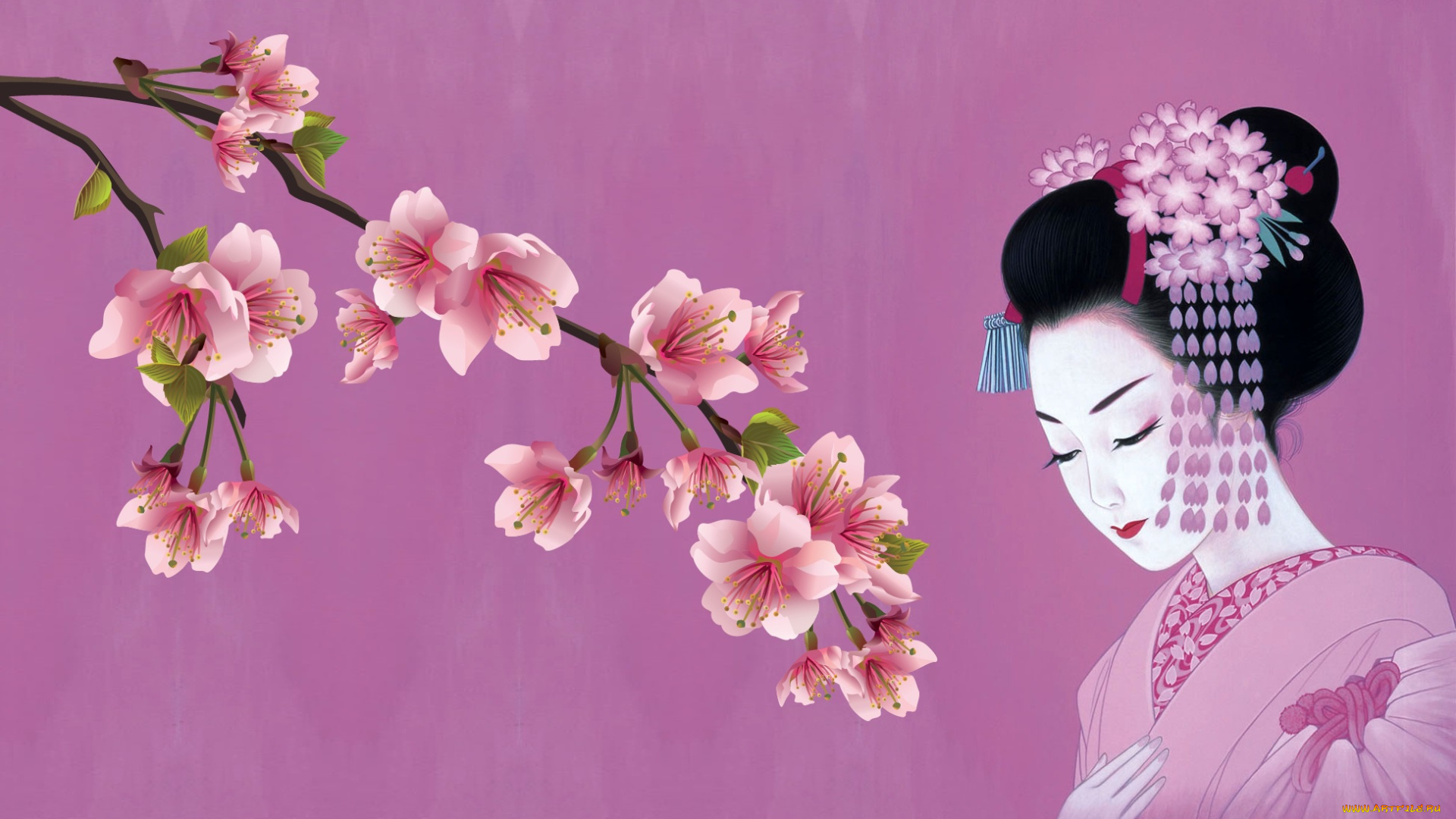 векторная, графика, люди, , people, японка, арт, канзаши, девушка, сакура, весна, кимоно, традиция