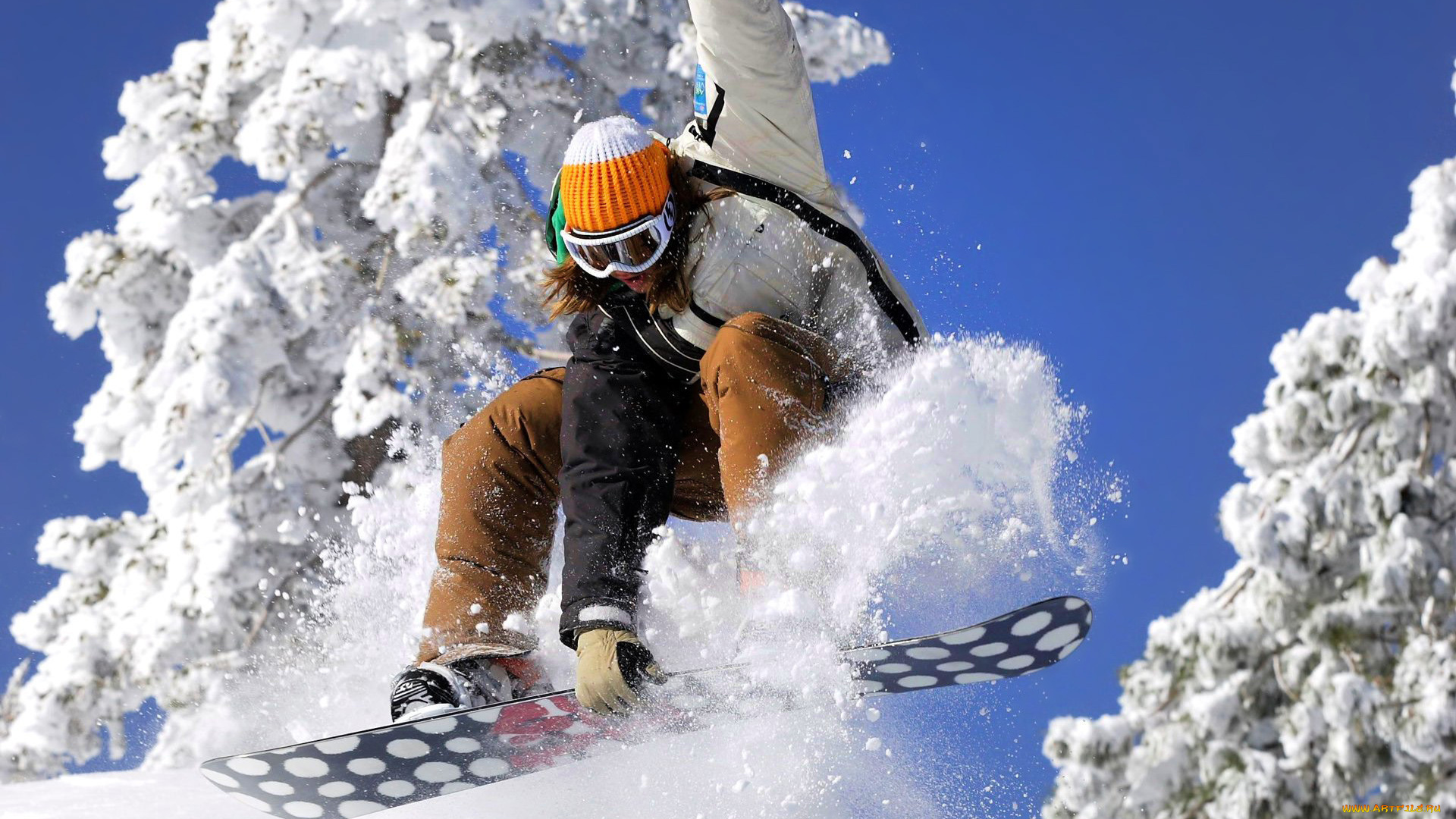 спорт, сноуборд, сноубордист, прыжок, снег, деревья