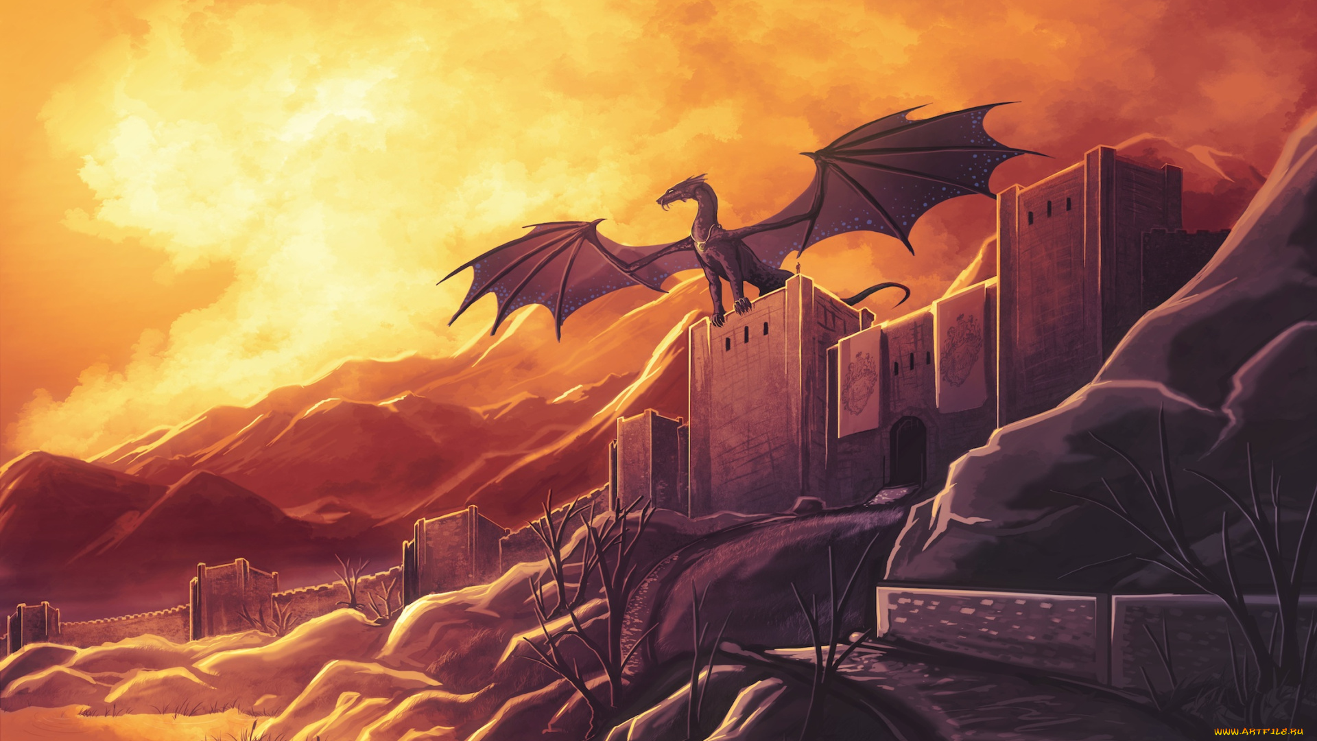 фэнтези, драконы, крылья, стены