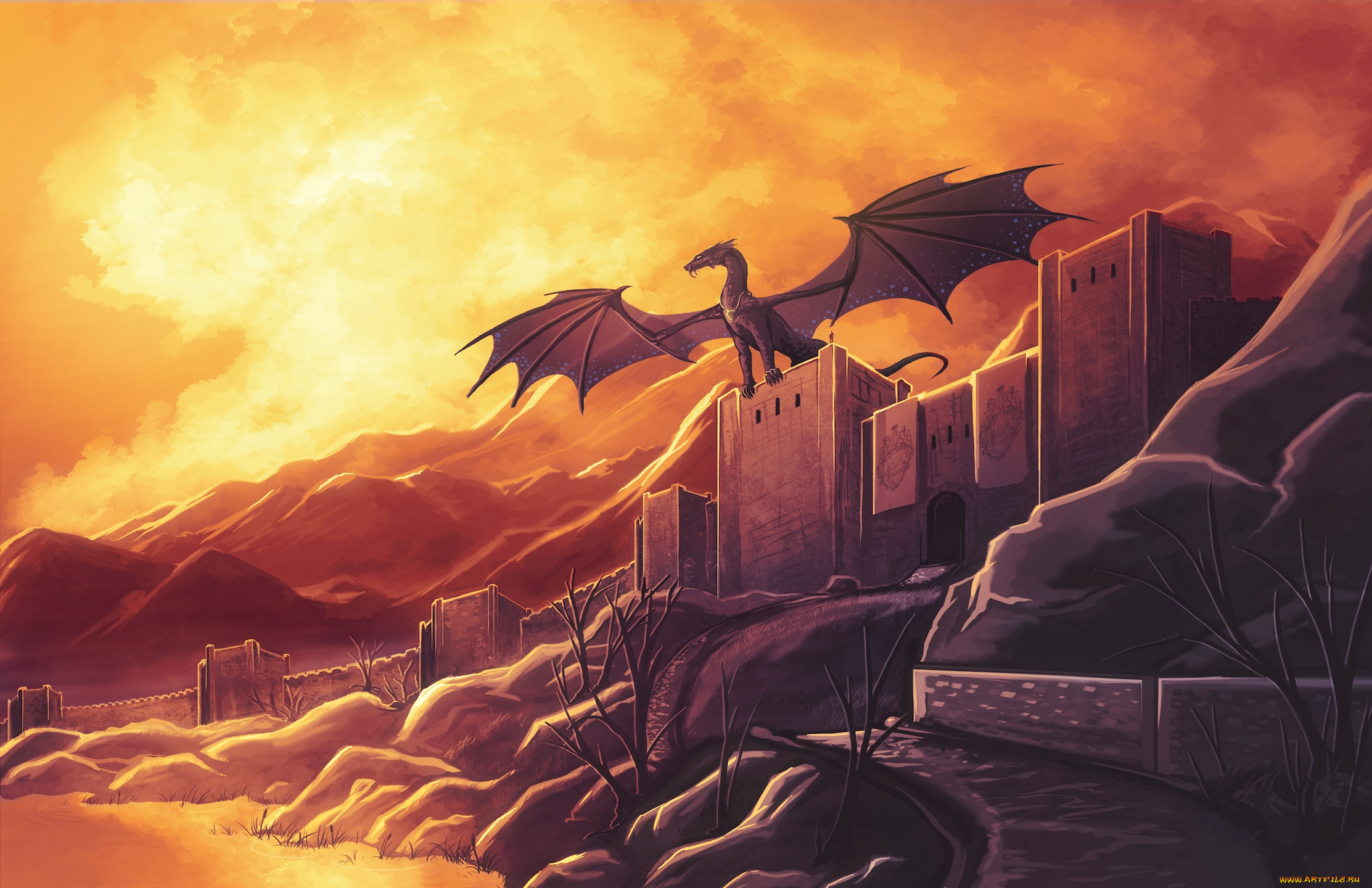 фэнтези, драконы, крылья, стены