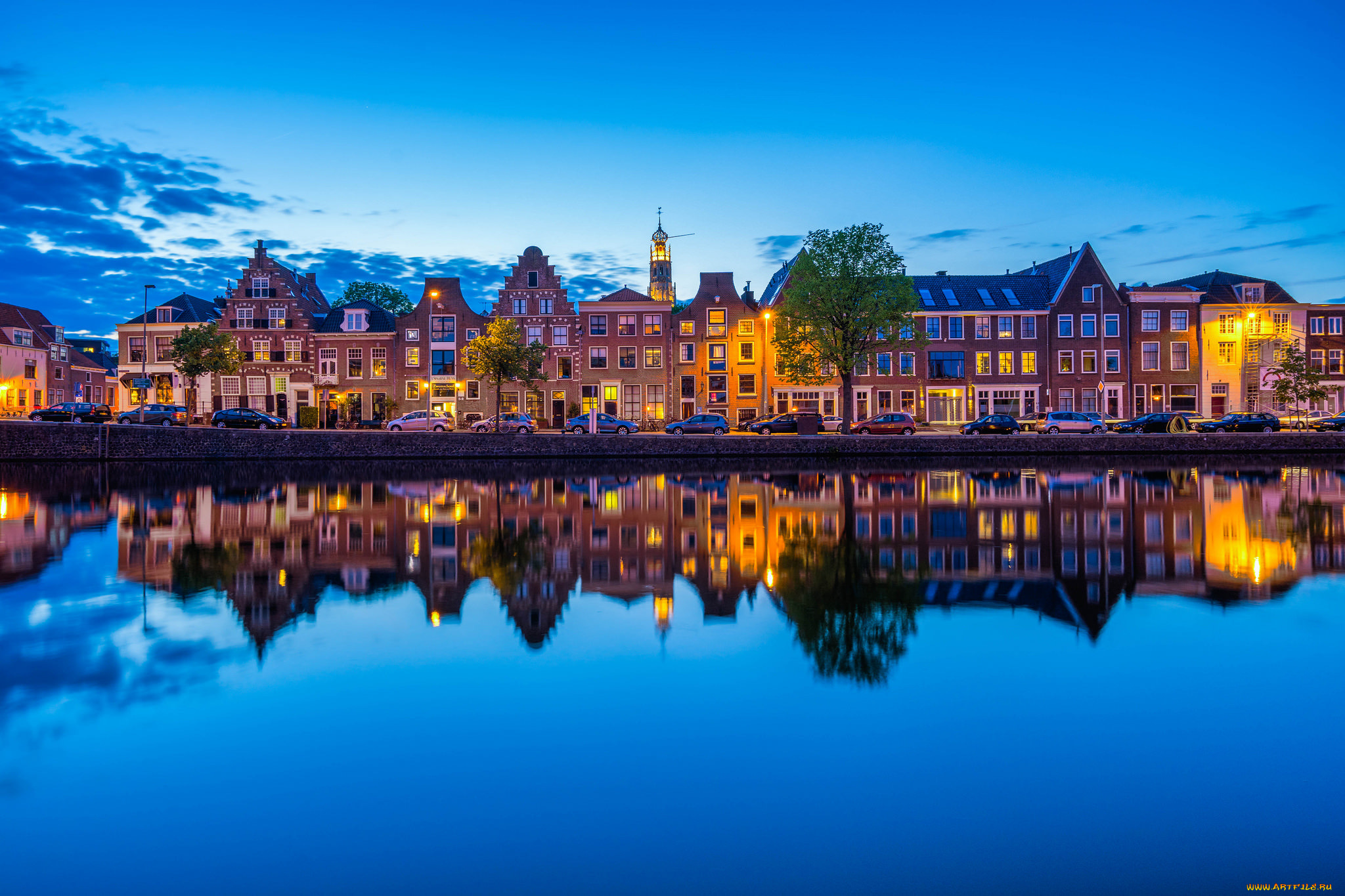 города, -, панорамы, haarlem, netherlands, spaarne, river, харлем, нидерланды, река, спарне, отражение, набережная, здания, машины
