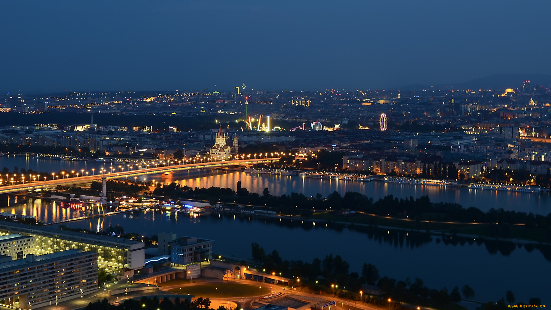 города, вена, австрия, река, ночь, панорама, огни, мост