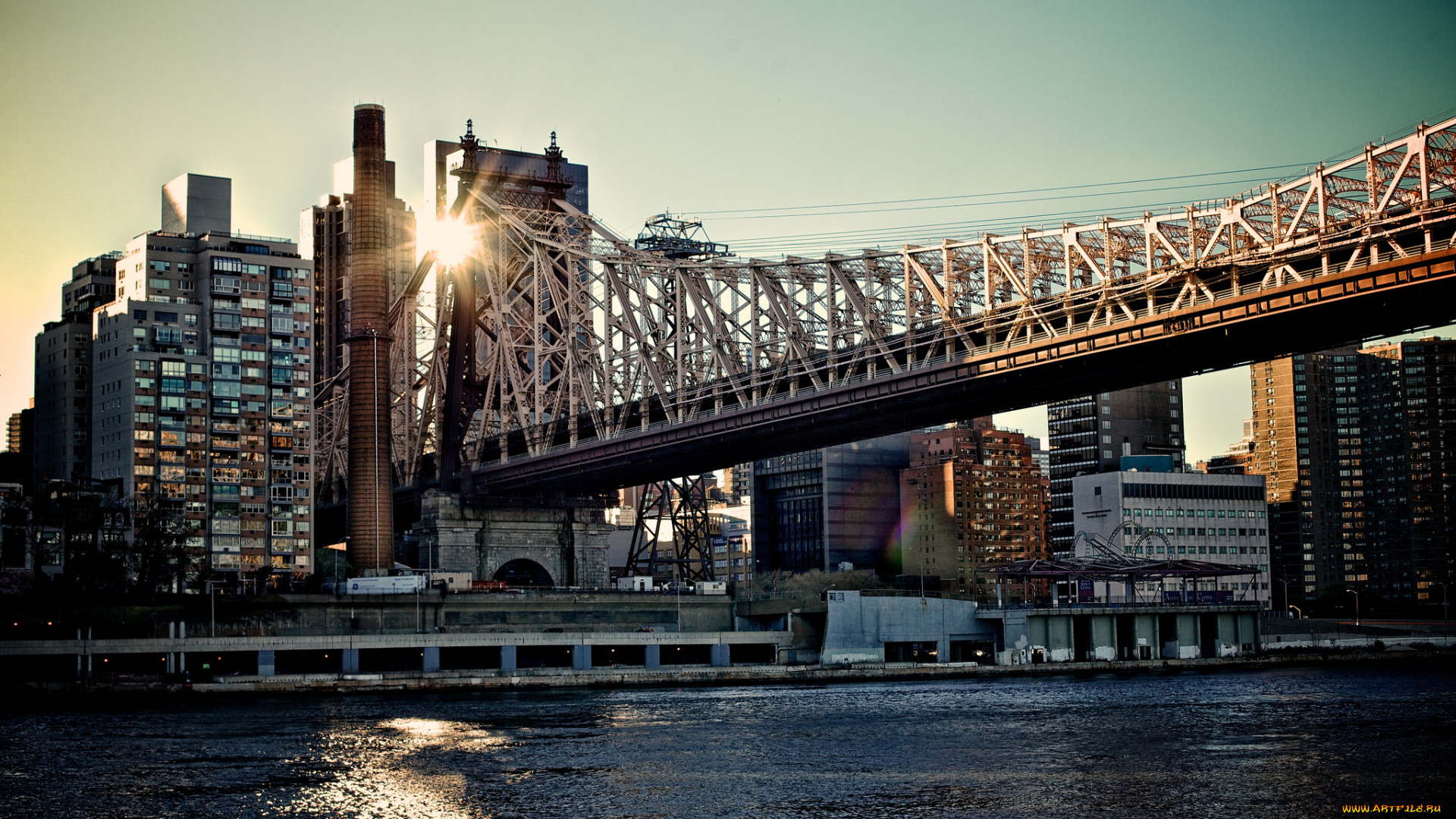 new, york, города, нью, йорк, сша, горд, здания, река, мост, солнце, лучи
