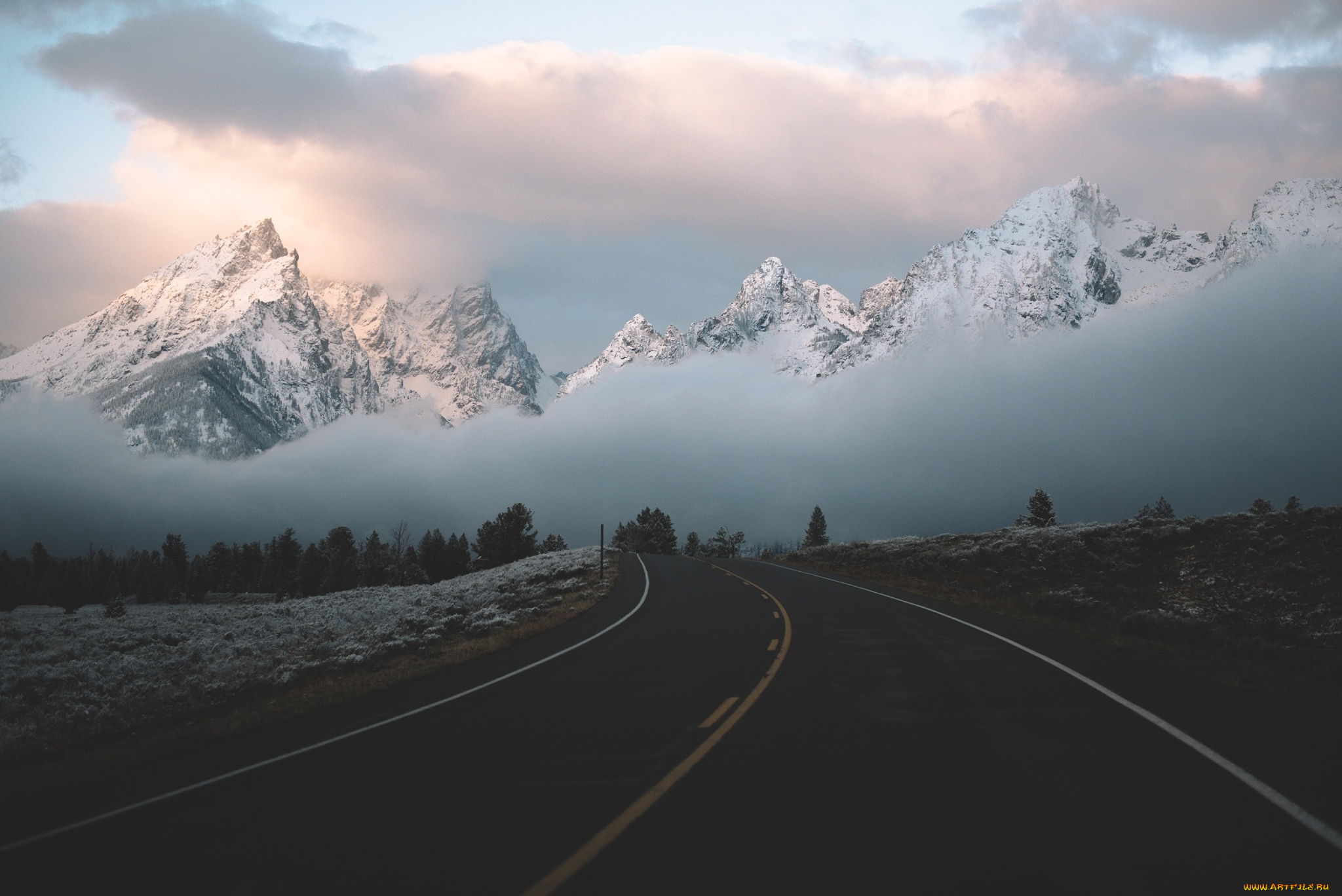 природа, дороги, горы, облака, туман, дорога