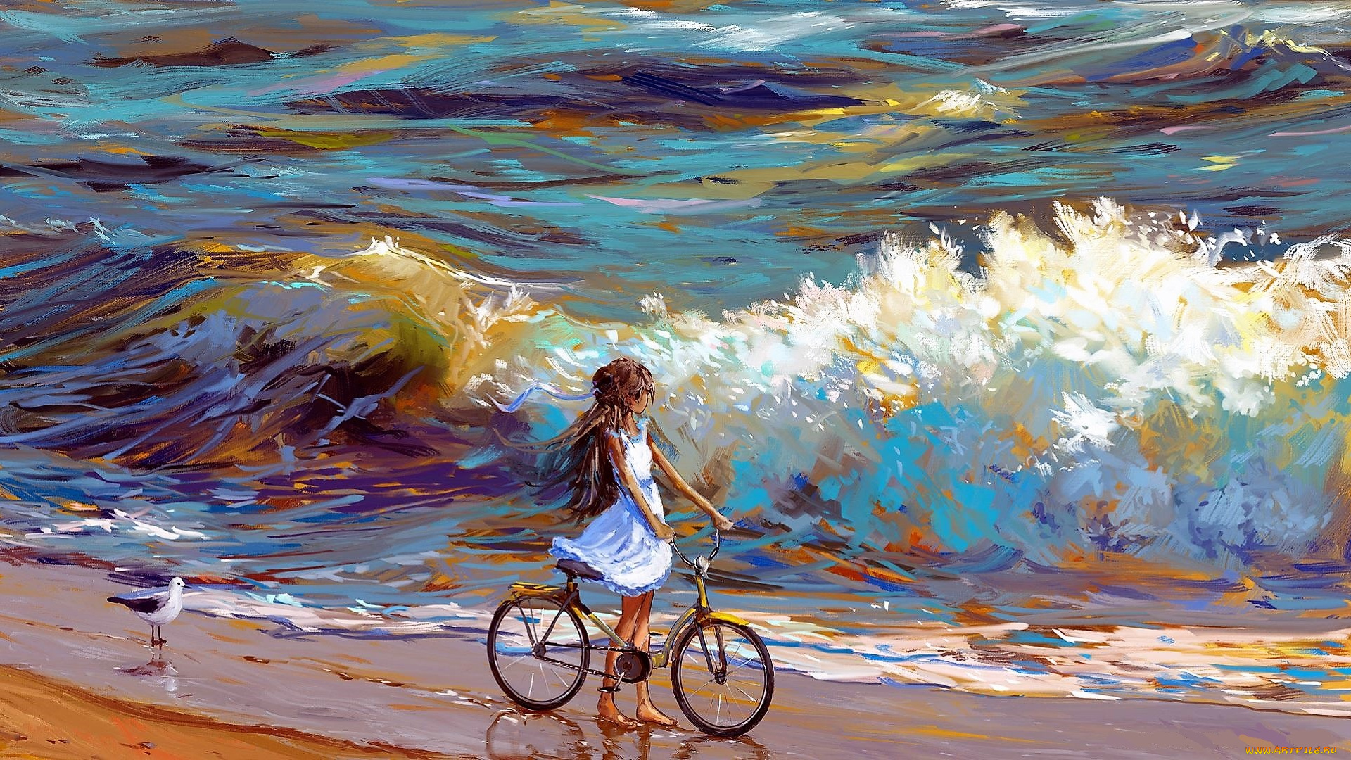 рисованное, люди, девочка, велосипед, море, берег, волны