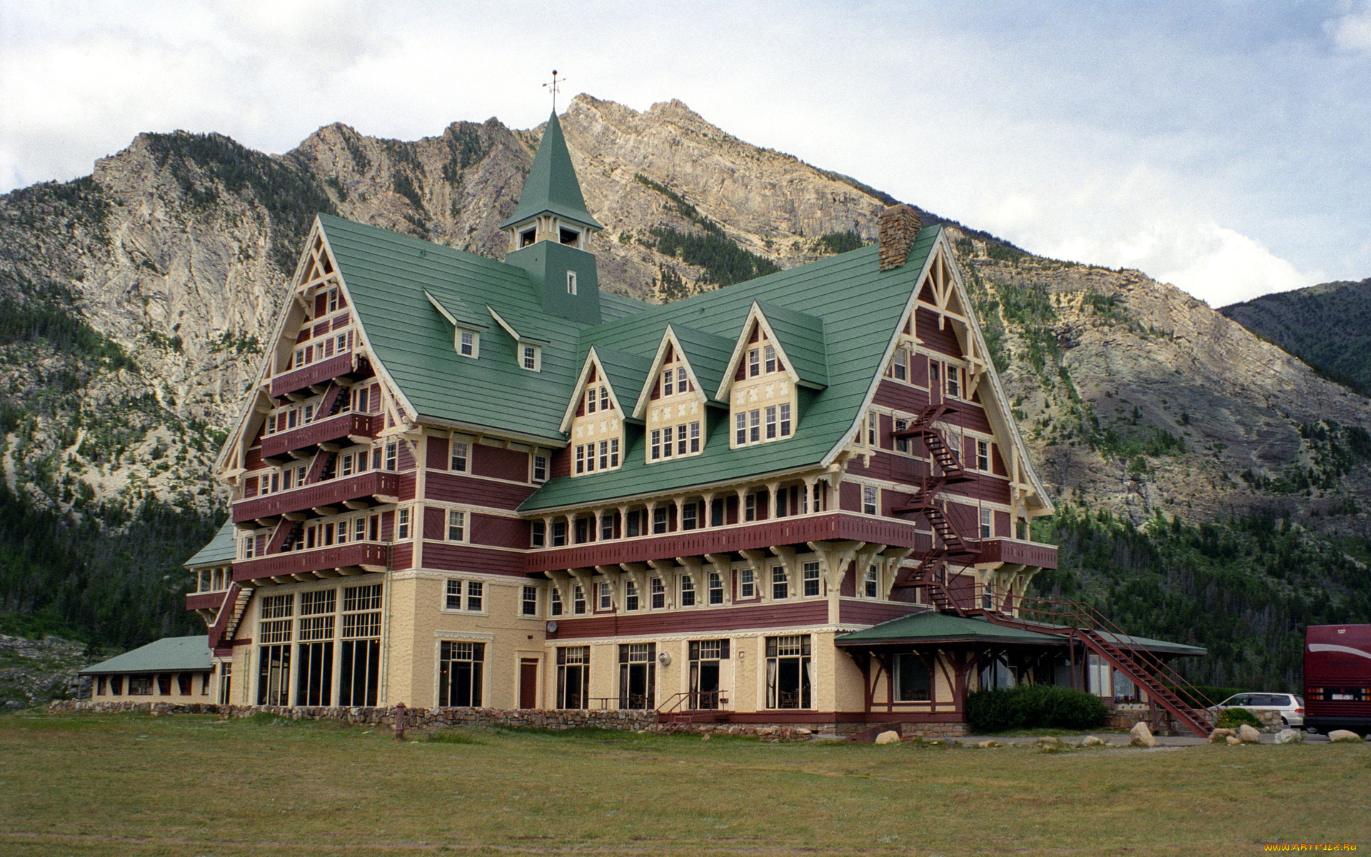 waterton, lakes, national, park, canada, prince, of, wales, hotel, города, здания, дома, гостиница, горы
