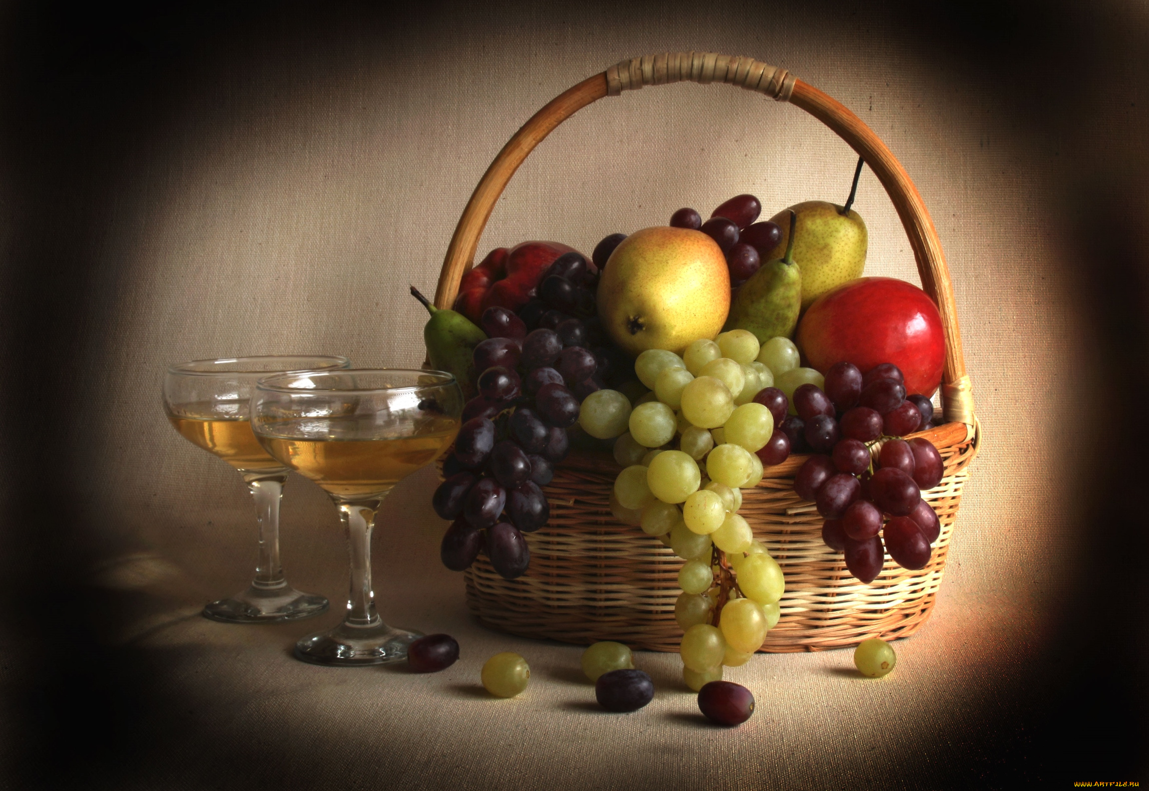 еда, фрукты, ягоды, яблоки, корзинка, вино, груша, виноград