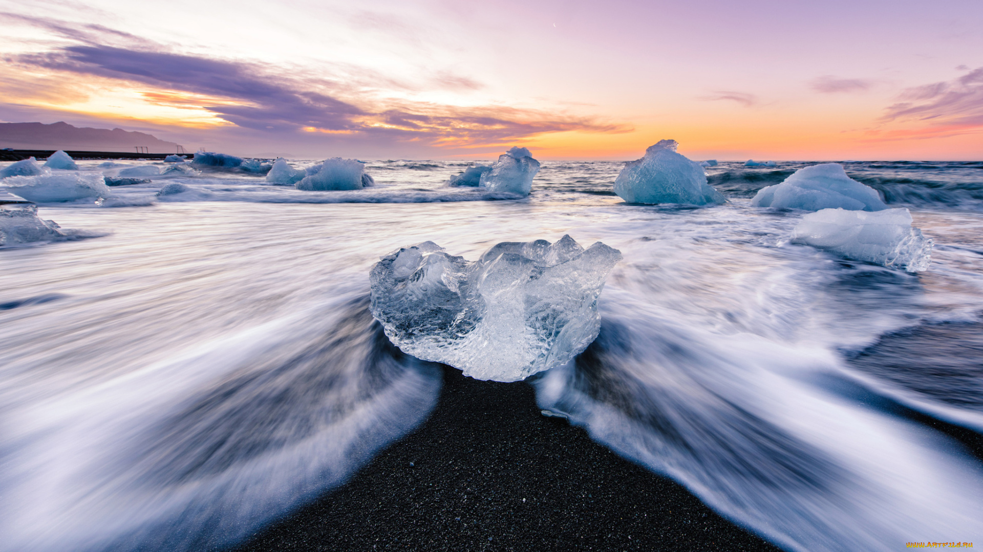 природа, побережье, берег, лёд, утро, ледниковая, лагуна, йёкюльсаурлоун, исландия