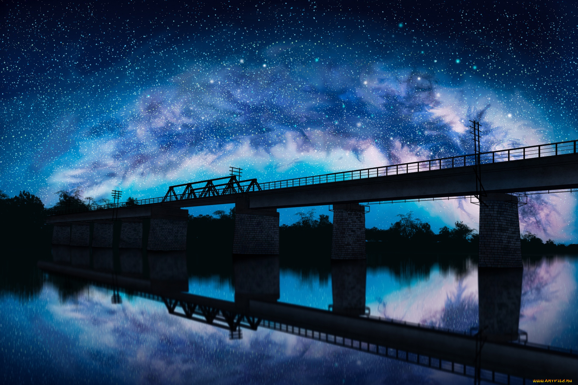 аниме, unknown, , другое, железнодорожные, пути, небо, река, отражение, мост, ночь, liwei191
