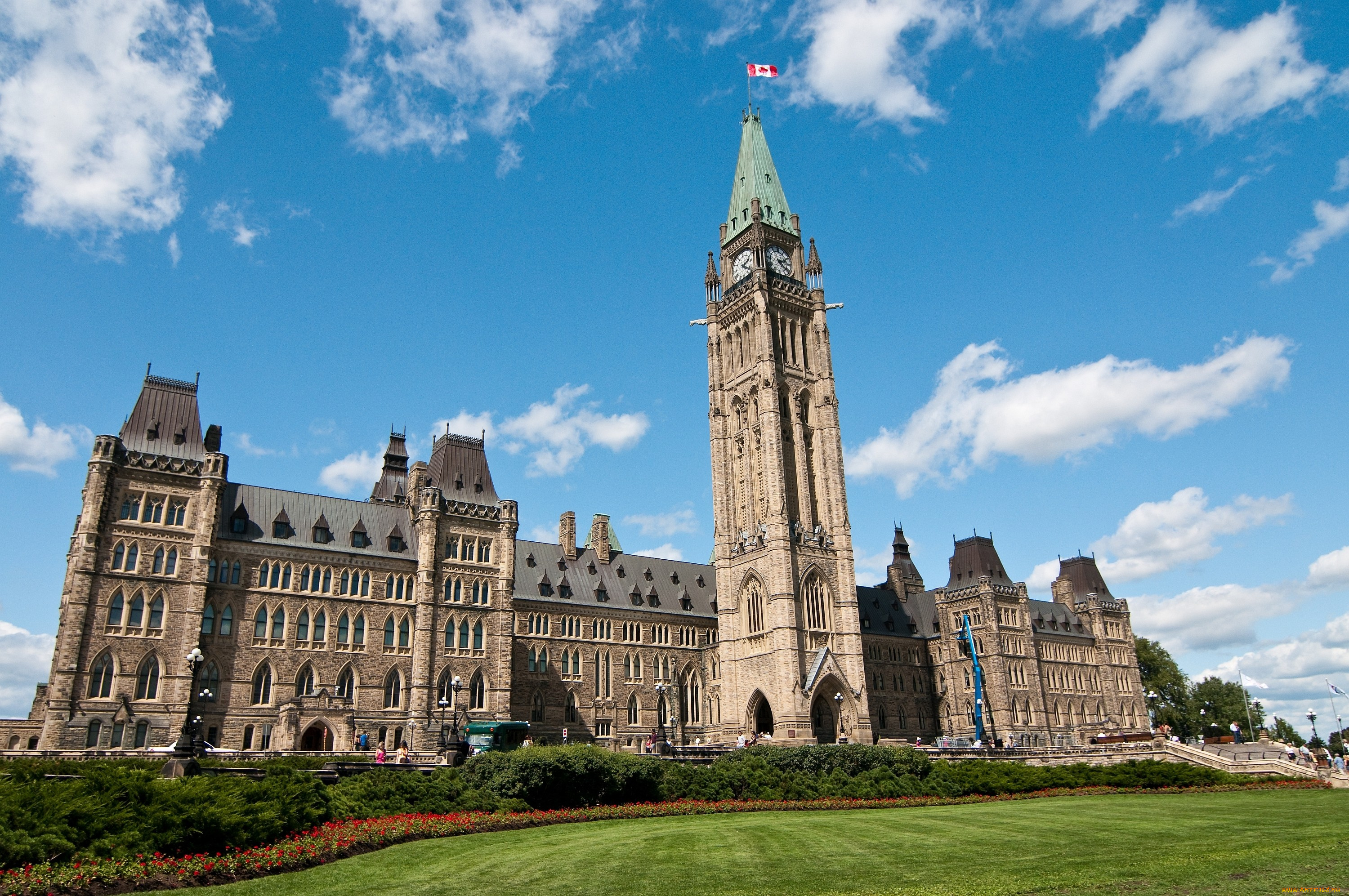 парламент, канады, города, оттава, канада, каменный, башня, флаг, часы
