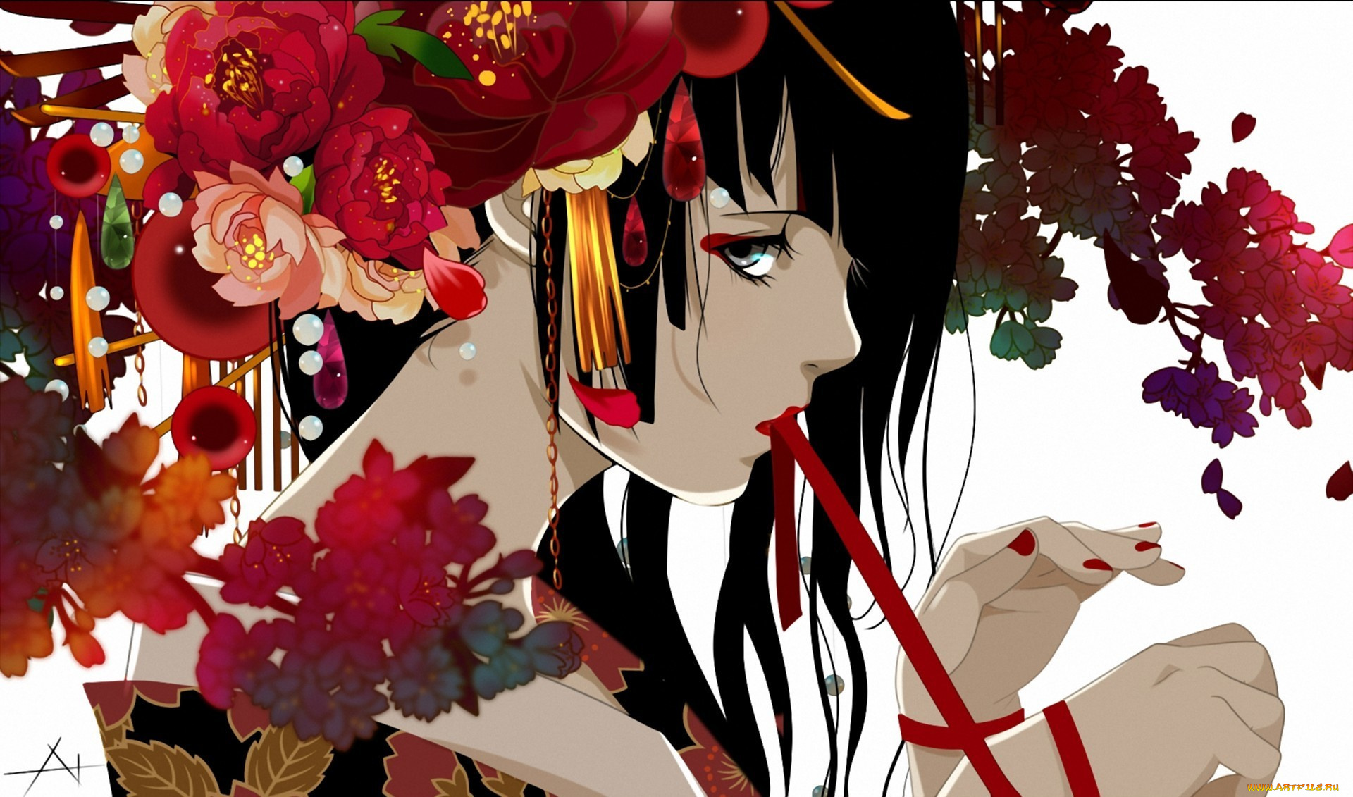 аниме, *unknown, другое, девушка, цветы, кимоно, лента
