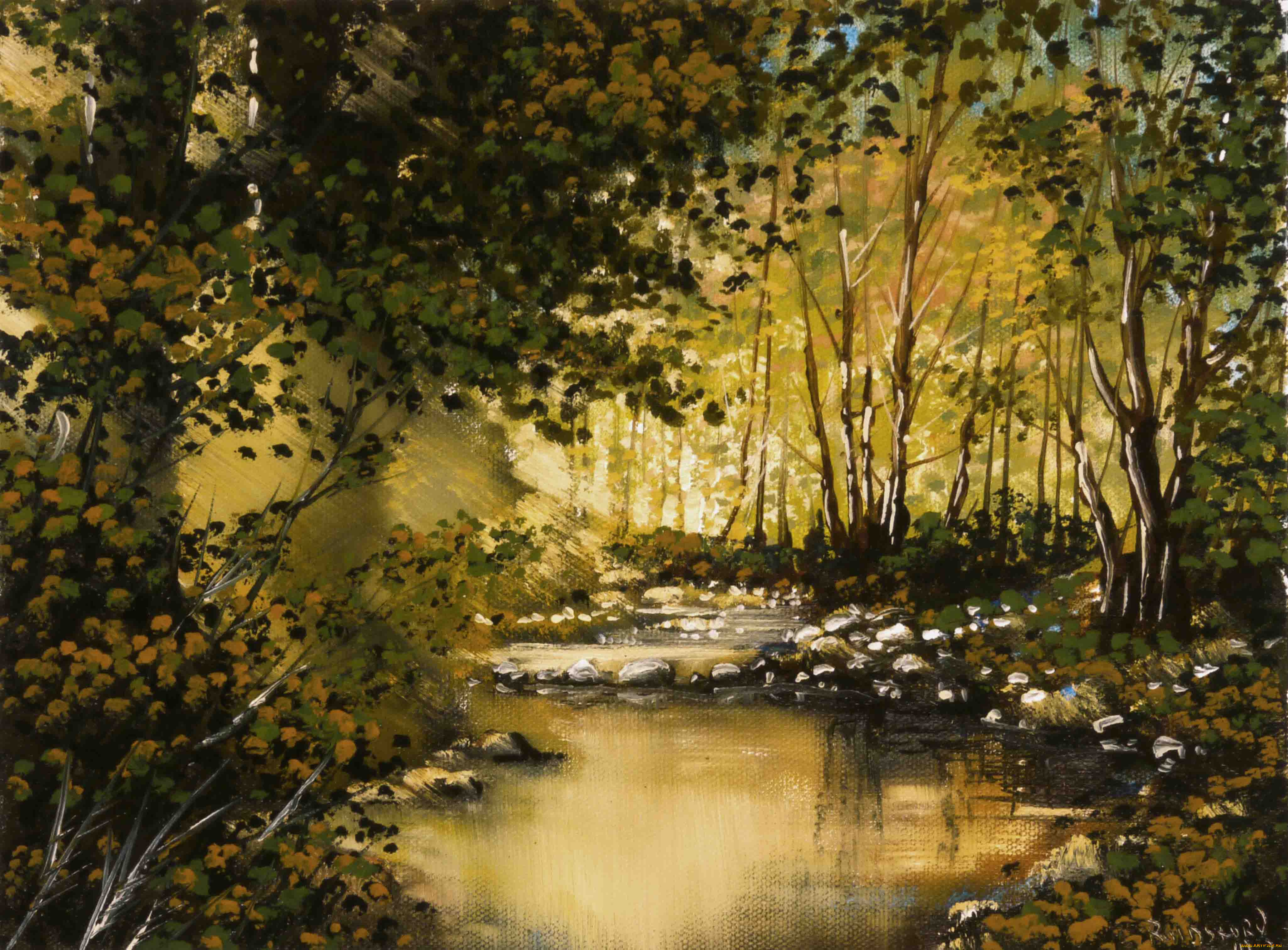 golden, pond, рисованные, liam, rainsford, пруд, лес, осень
