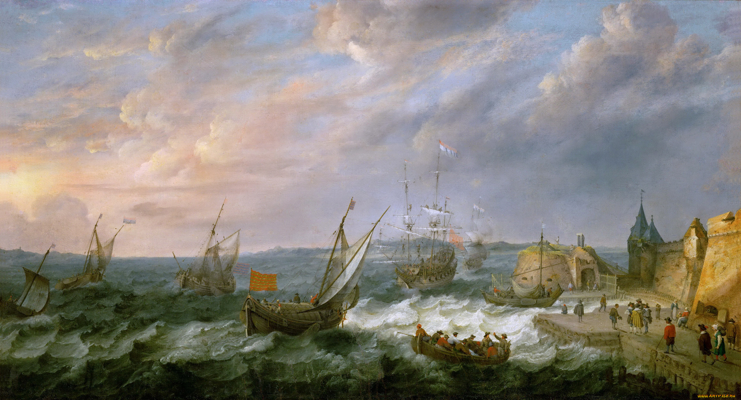 adam, willaerts, рисованное, живопись, картина, морской, порт, люди, шторм, море, пейзаж