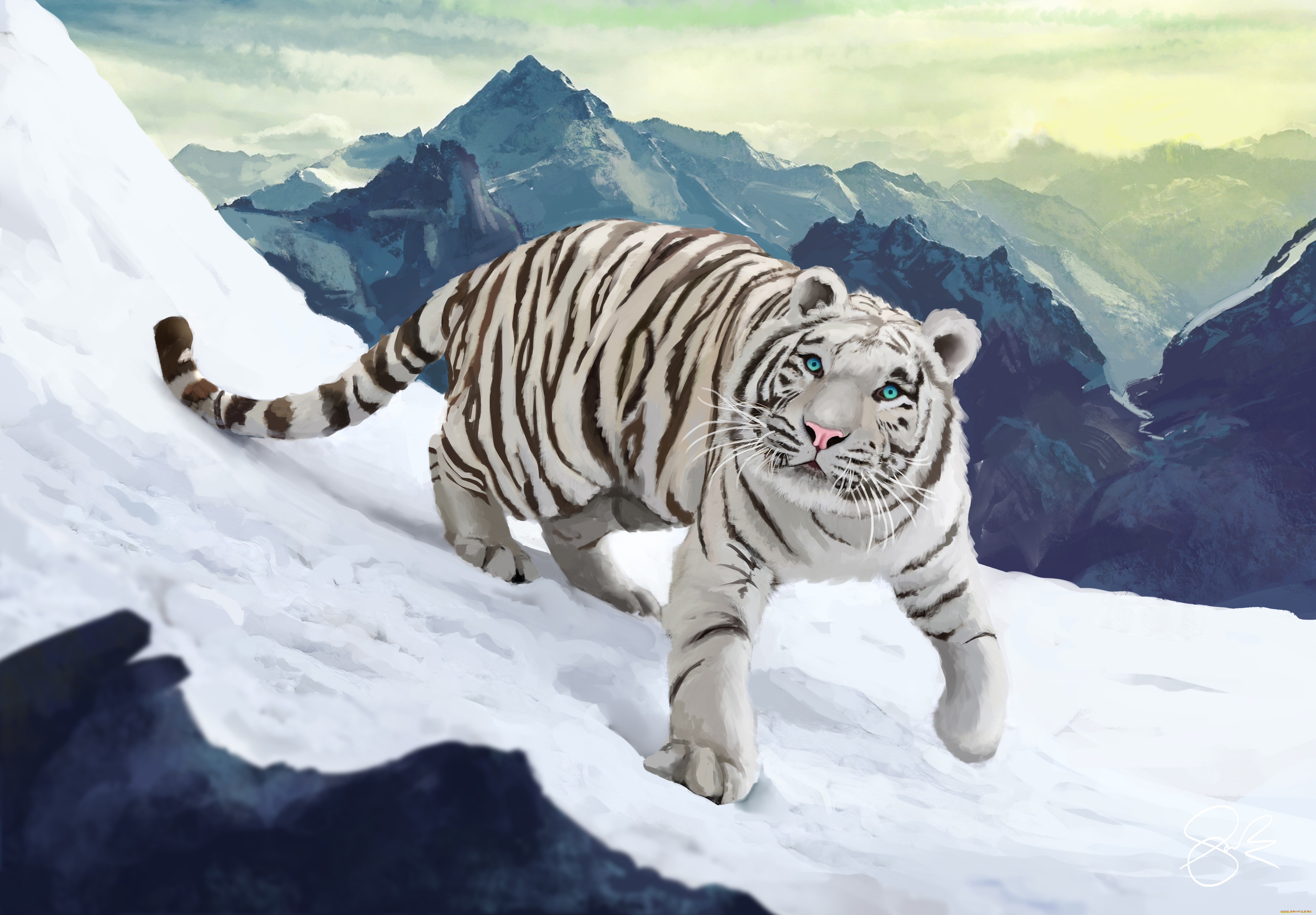 рисованное, животные, , тигры, рисунок, снег, тигр