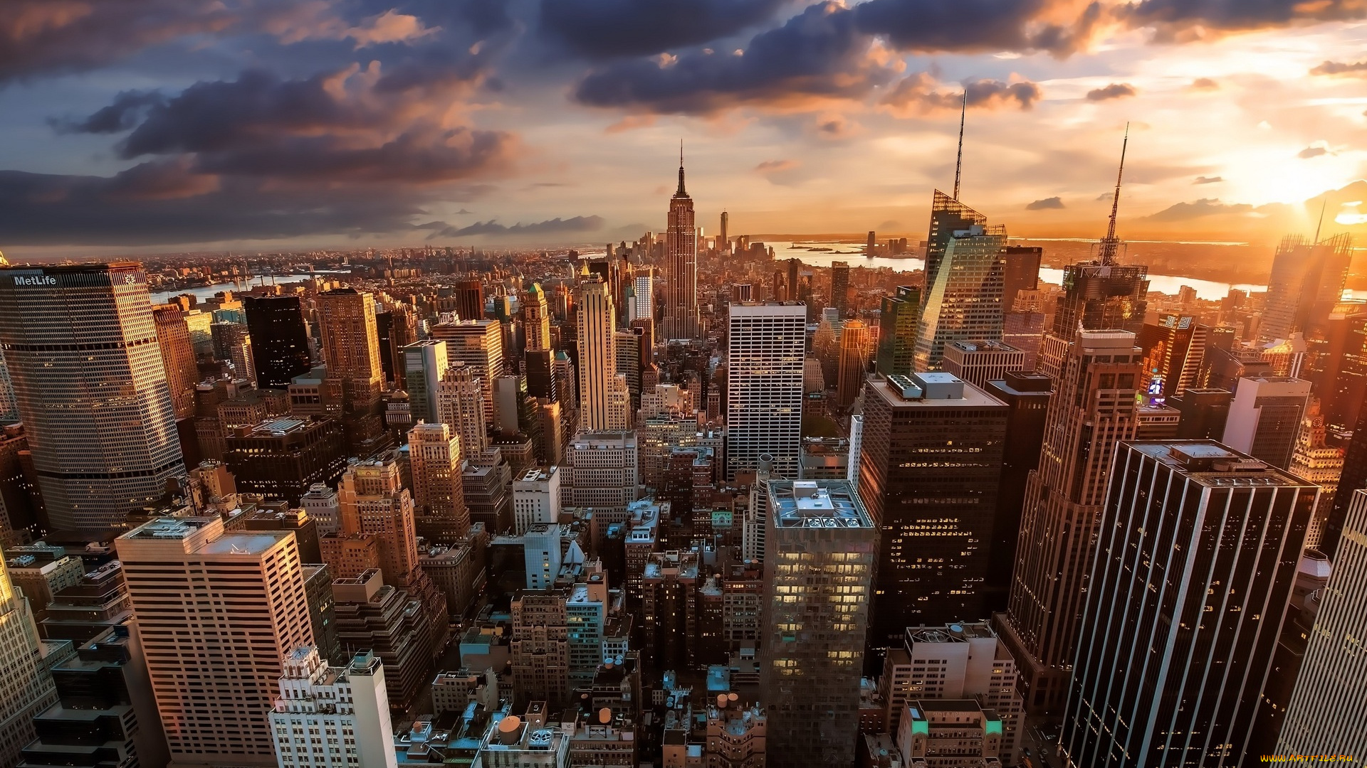 города, нью-йорк, , сша, панорама, закат, тучи, небо, дома, здания