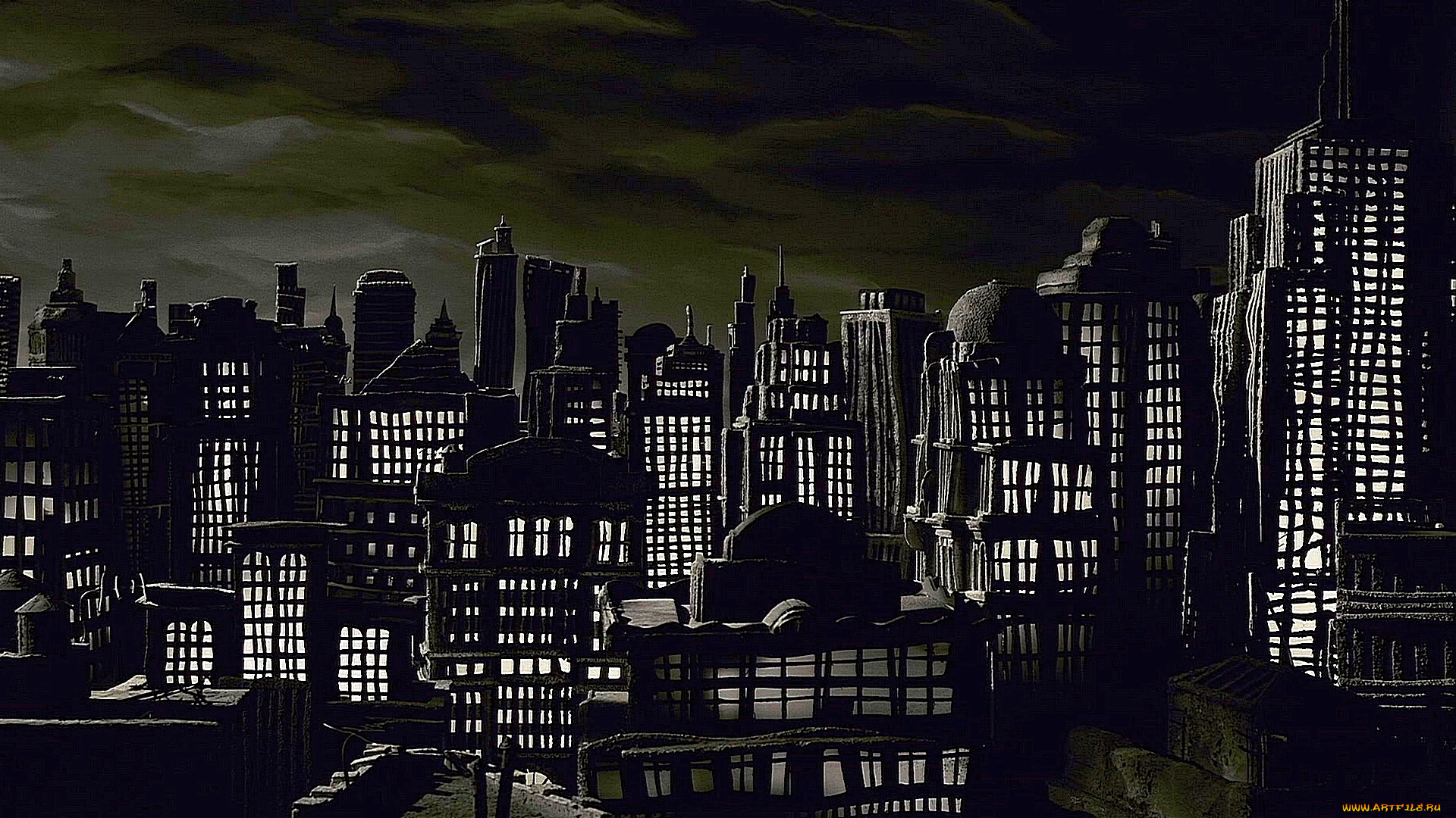 рисованное, города, здание, ночь, небоскреб
