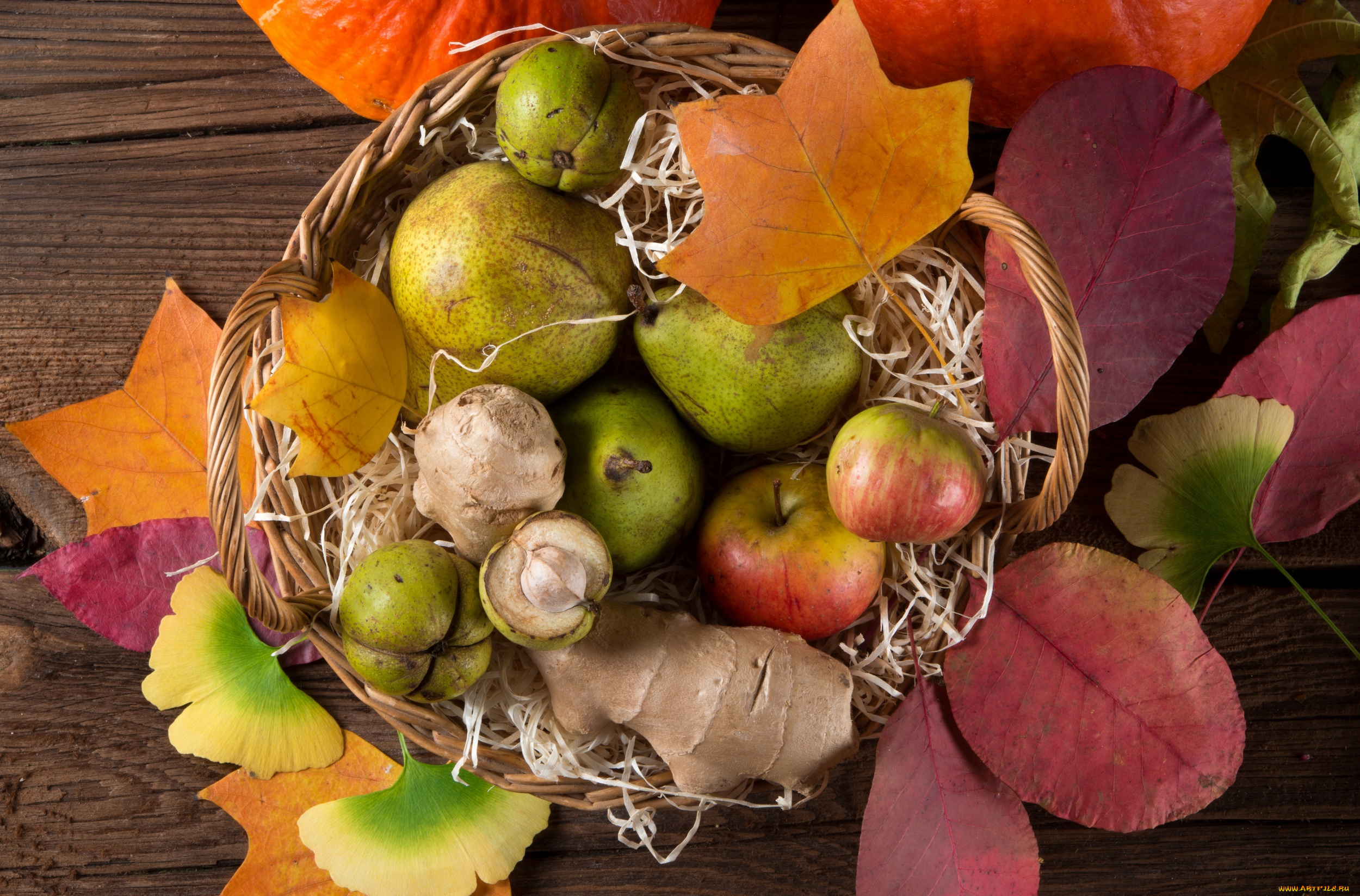 еда, фрукты, , ягоды, дары, осени, листья, корзина, груши, яблоки