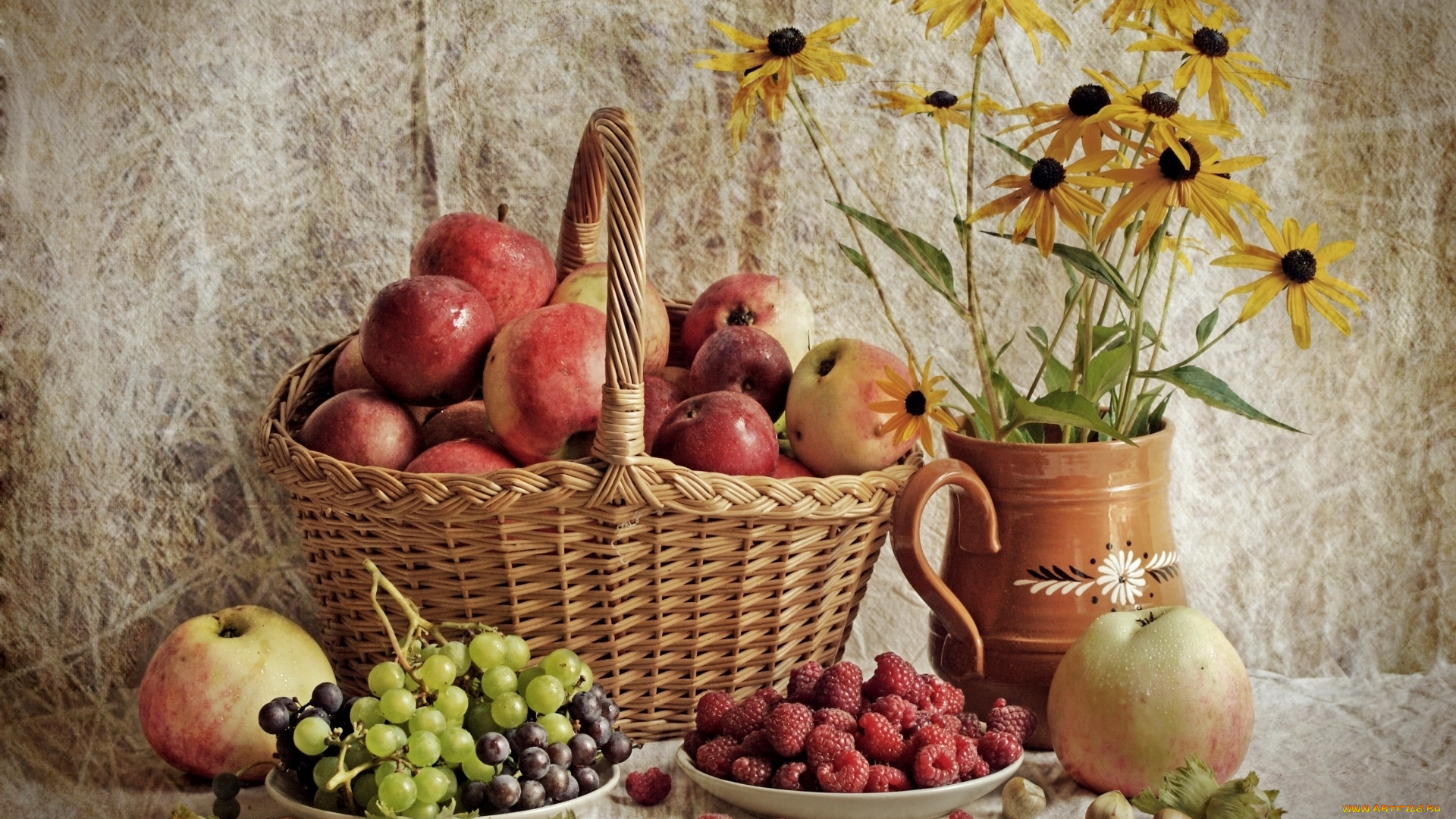еда, натюрморт, малина, виноград, яблоки, корзина