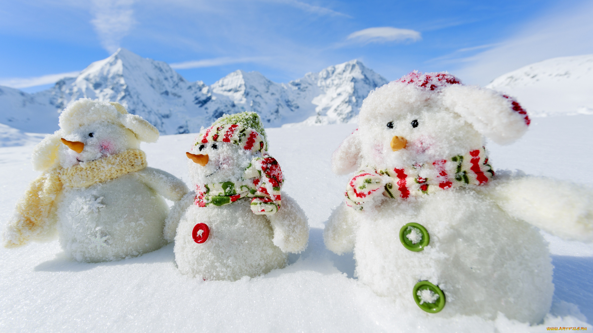 праздничные, снеговики, snowmen, снег, деревья, пейзаж, зима, природа