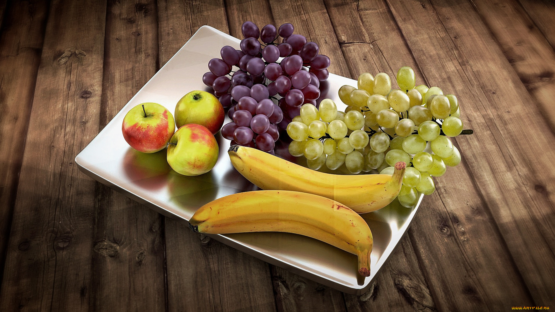 еда, фрукты, , ягоды, поднос, бананы, виноград, яблоки