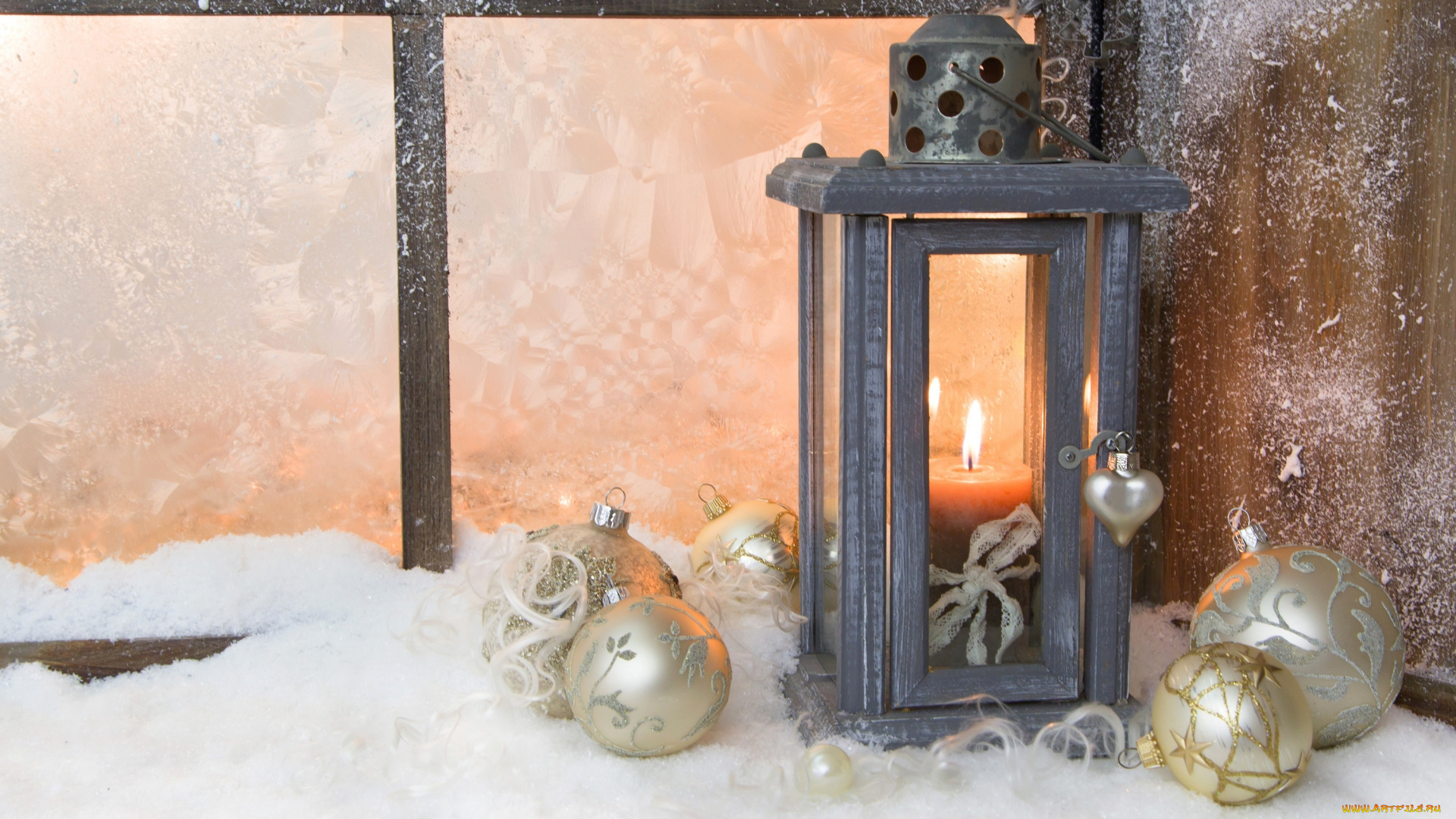 праздничные, -, разное, , новый, год, фонарь, свеча, шарики, окно, снег