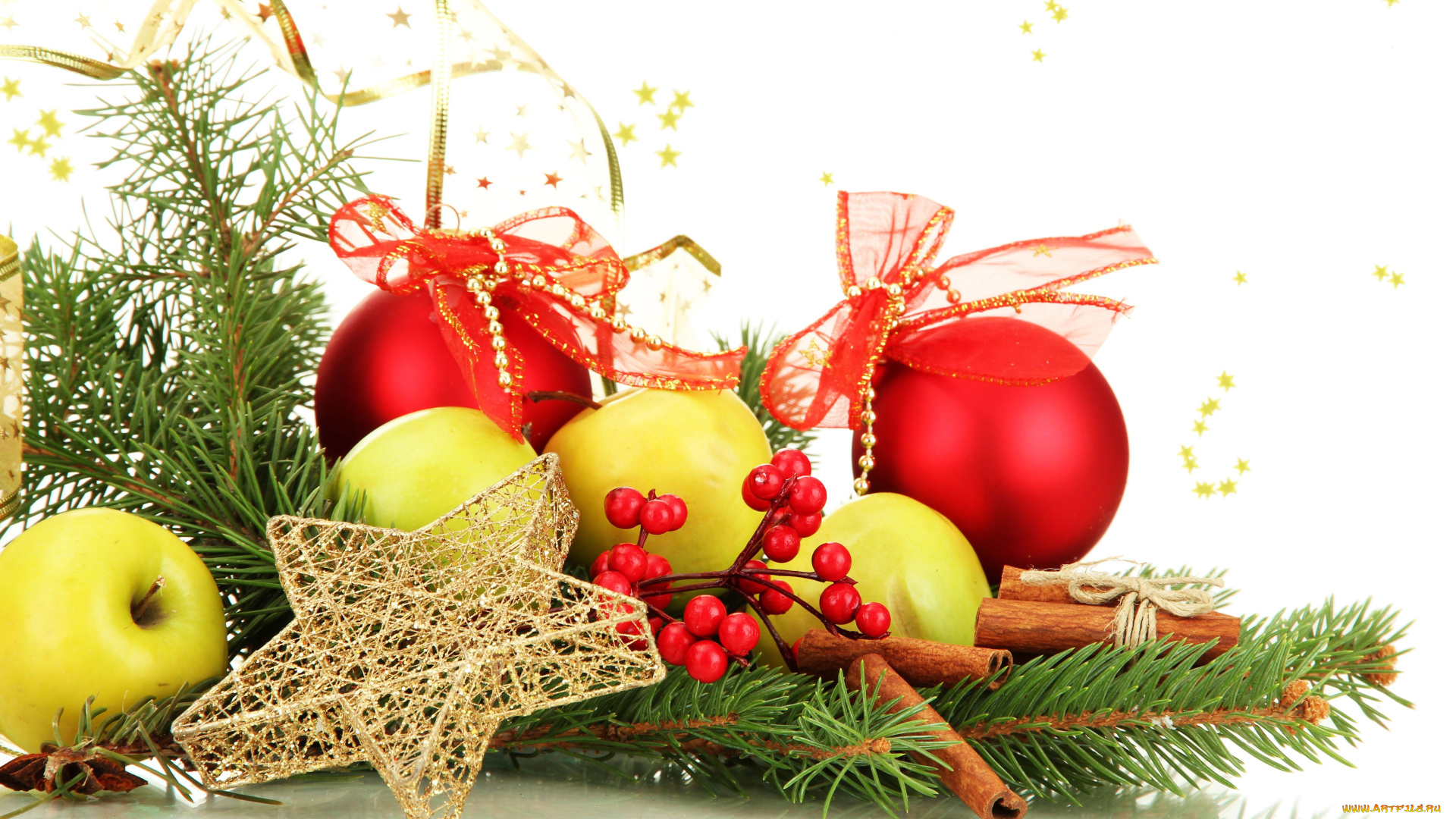 праздничные, украшения, ветка, звезда, шарики, яблоки, корица, ягоды