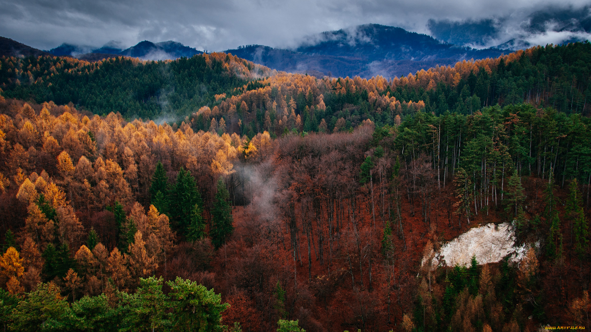 природа, горы, осень, краски, облака, лес
