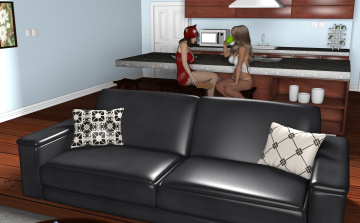 Картинка 3д+графика люди+ people фон девушки взгляд подушки диван кухня интерьер