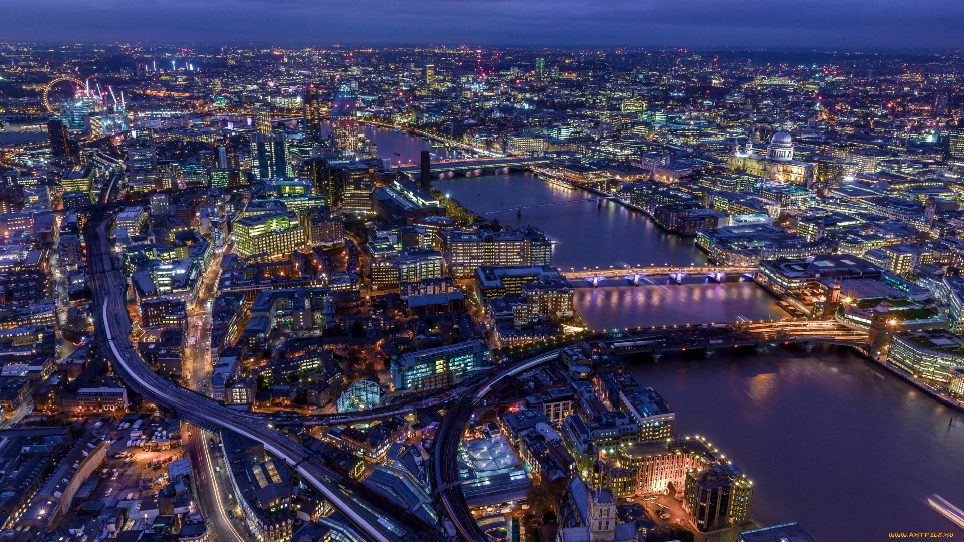 города, лондон, , великобритания, вечер, панорама, огни, мосты, река