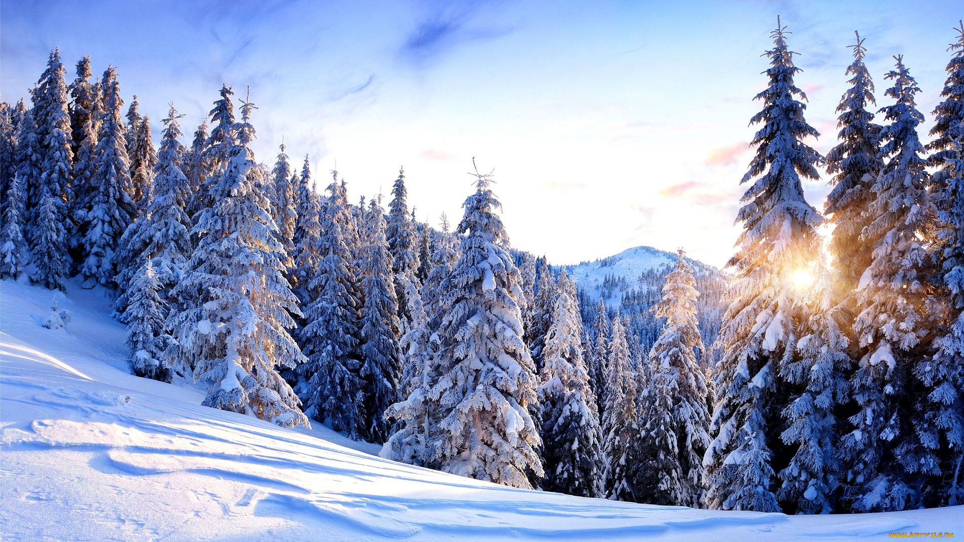 природа, зима, снег, горы, сугробы, деревья