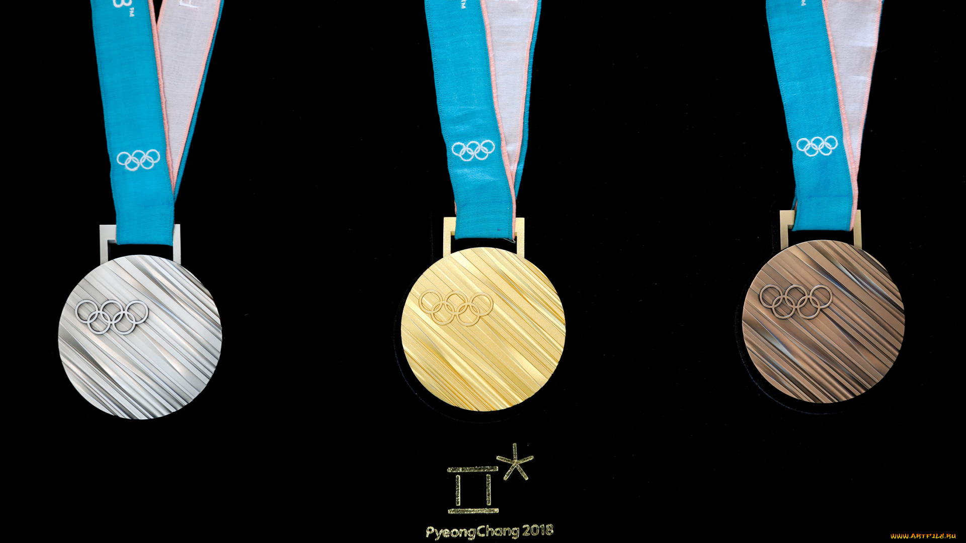 спорт, -, другое, на, черном, фоне, три, медали, зимних, олимпийских, игр, 2018