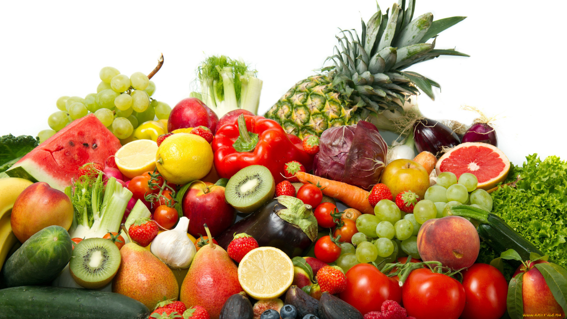 еда, фрукты, и, овощи, вместе, виноград, арбуз, ананас, капуста, перец, помидоры, огурцы, томаты, груши