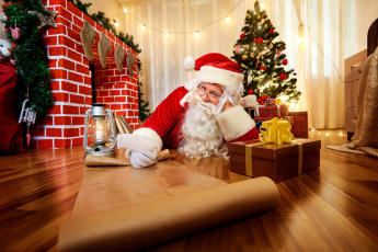 Картинка праздничные дед+мороз +санта+клаус фонарь санта елка коробки подарки