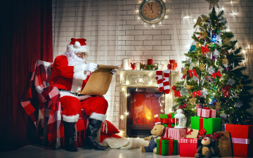 Картинка праздничные дед+мороз +санта+клаус елка подарки санта камин
