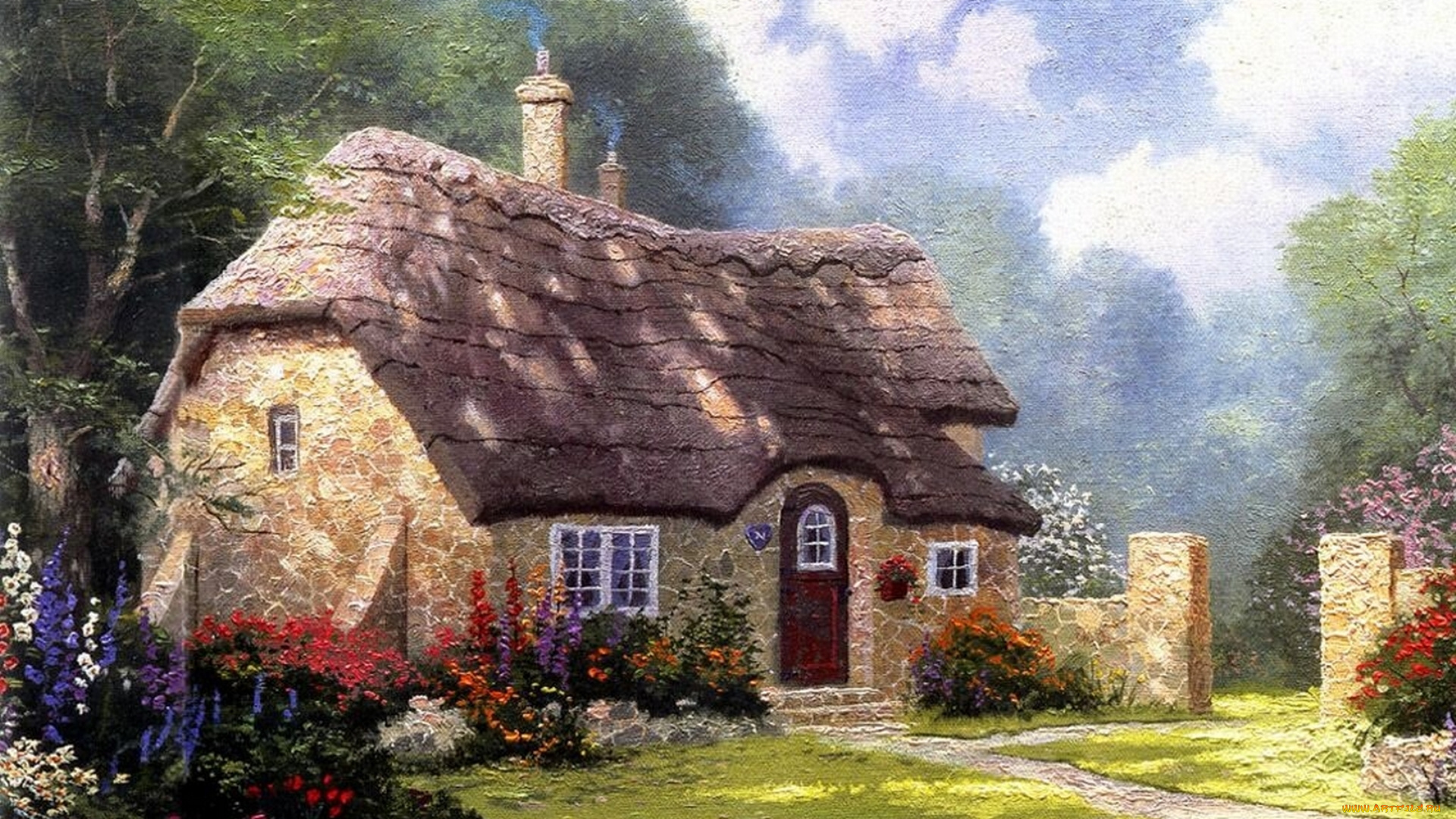cottage, in, the, forest, рисованные, thomas, kinkade, томас, кинкейд, painting, коттедж, домик, красивый, summer, живопись
