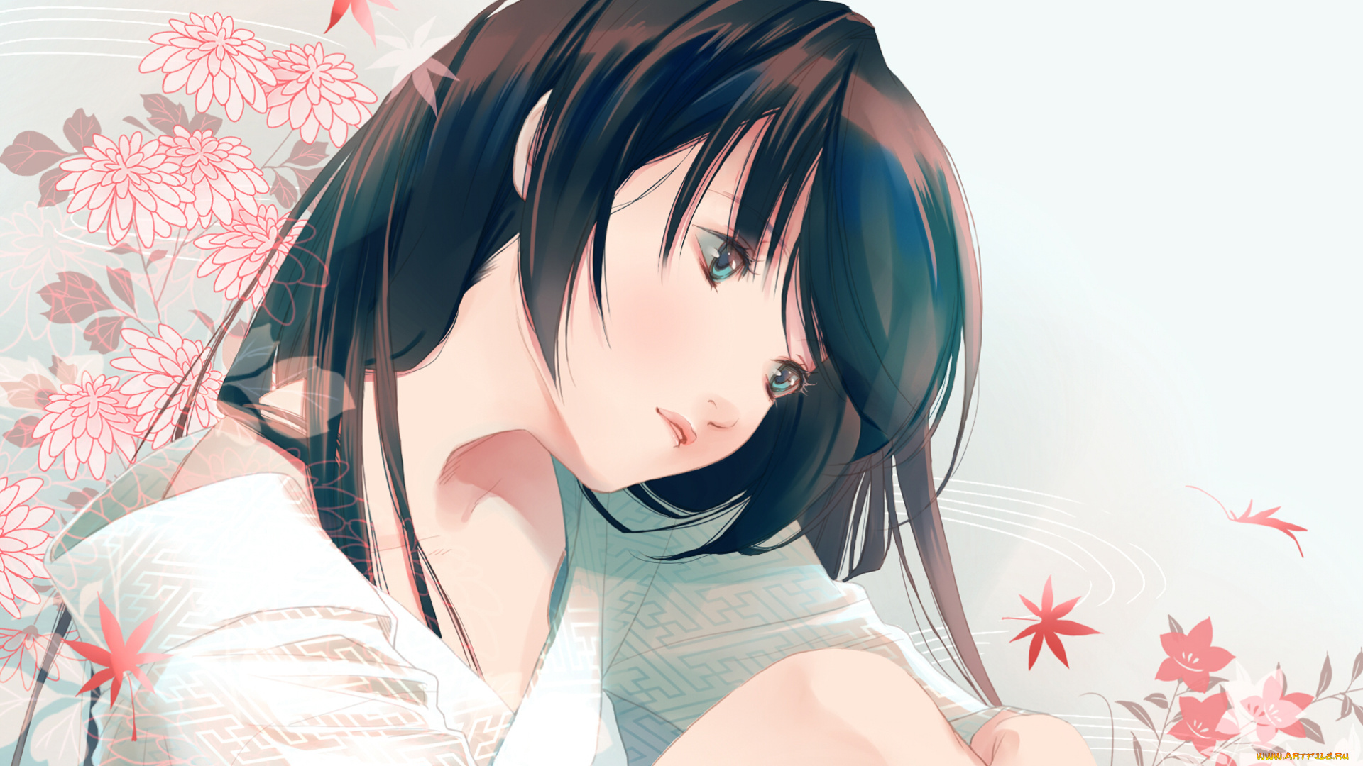 аниме, unknown, , другое, fuuchouin, kazuki, девушка, цветы, листья