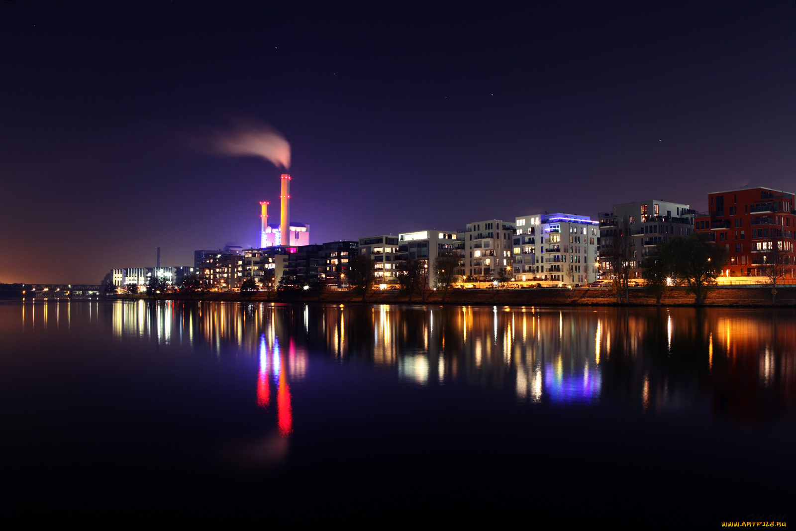 frankfurt, города, огни, ночного, германия