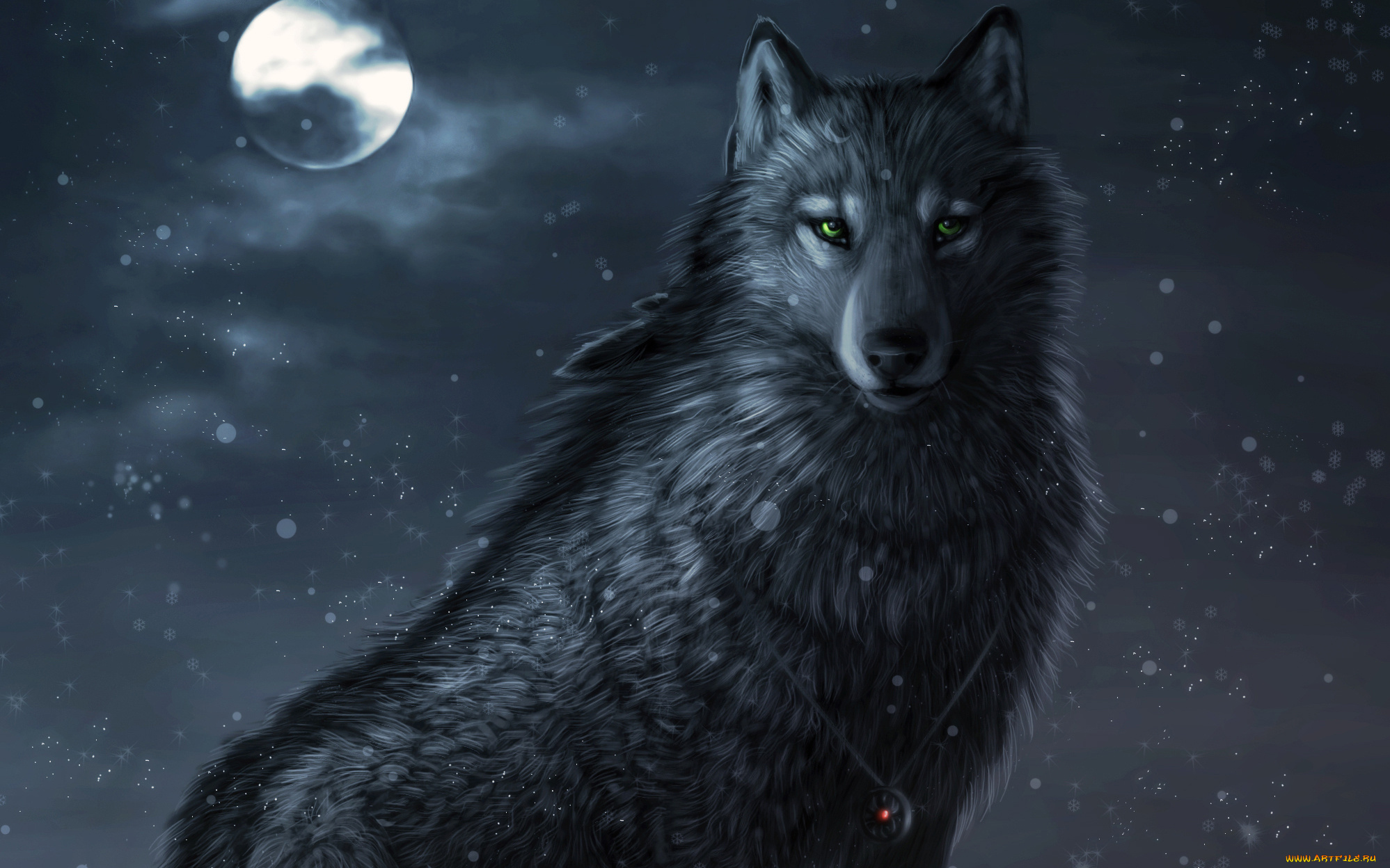 рисованные, животные, волки, зеленые, глаза, амулет, снег, волк, ночь, луна
