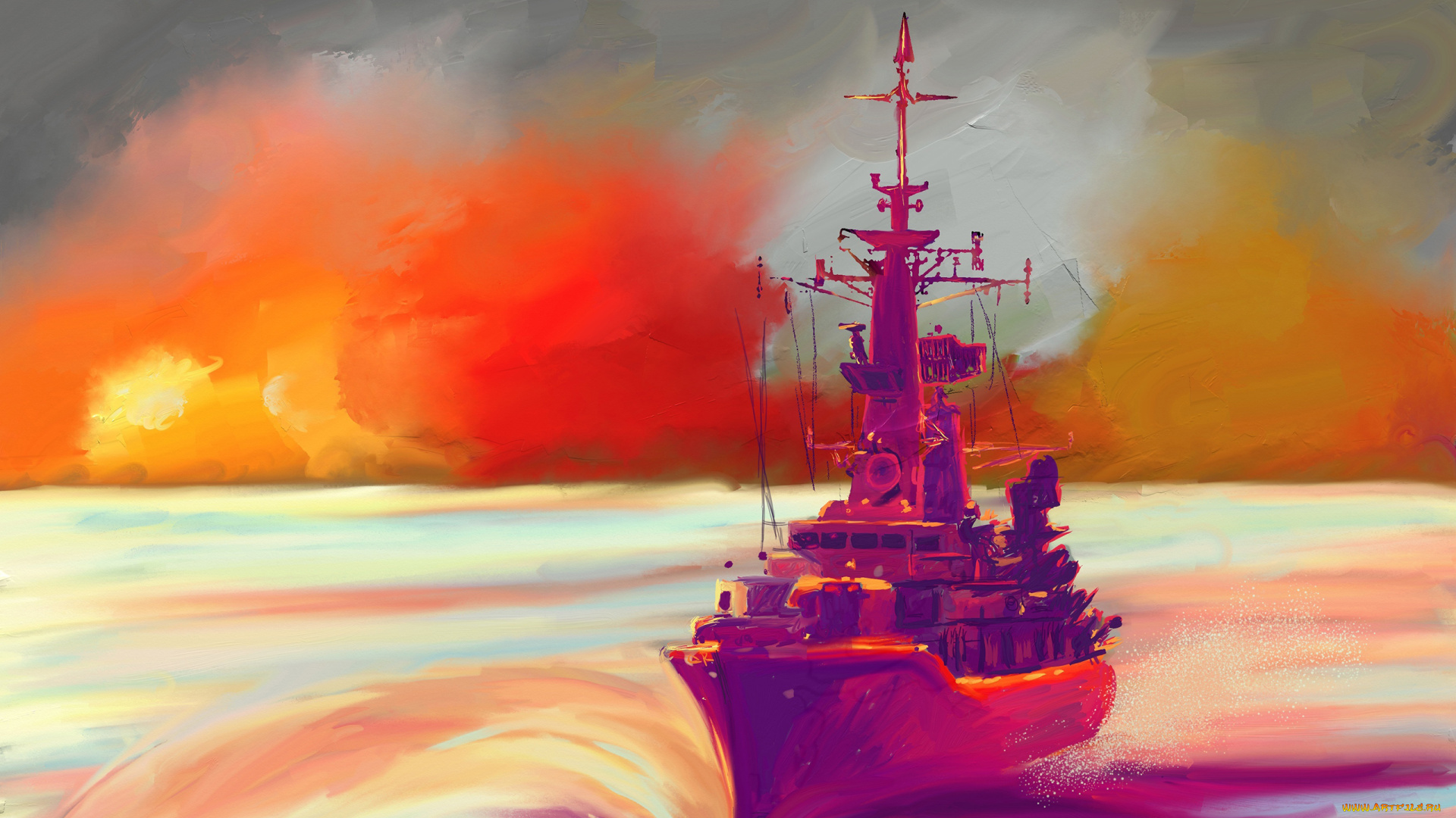корабли, рисованные, закат, взрывы, волны, корабль, небо, море, эсминец