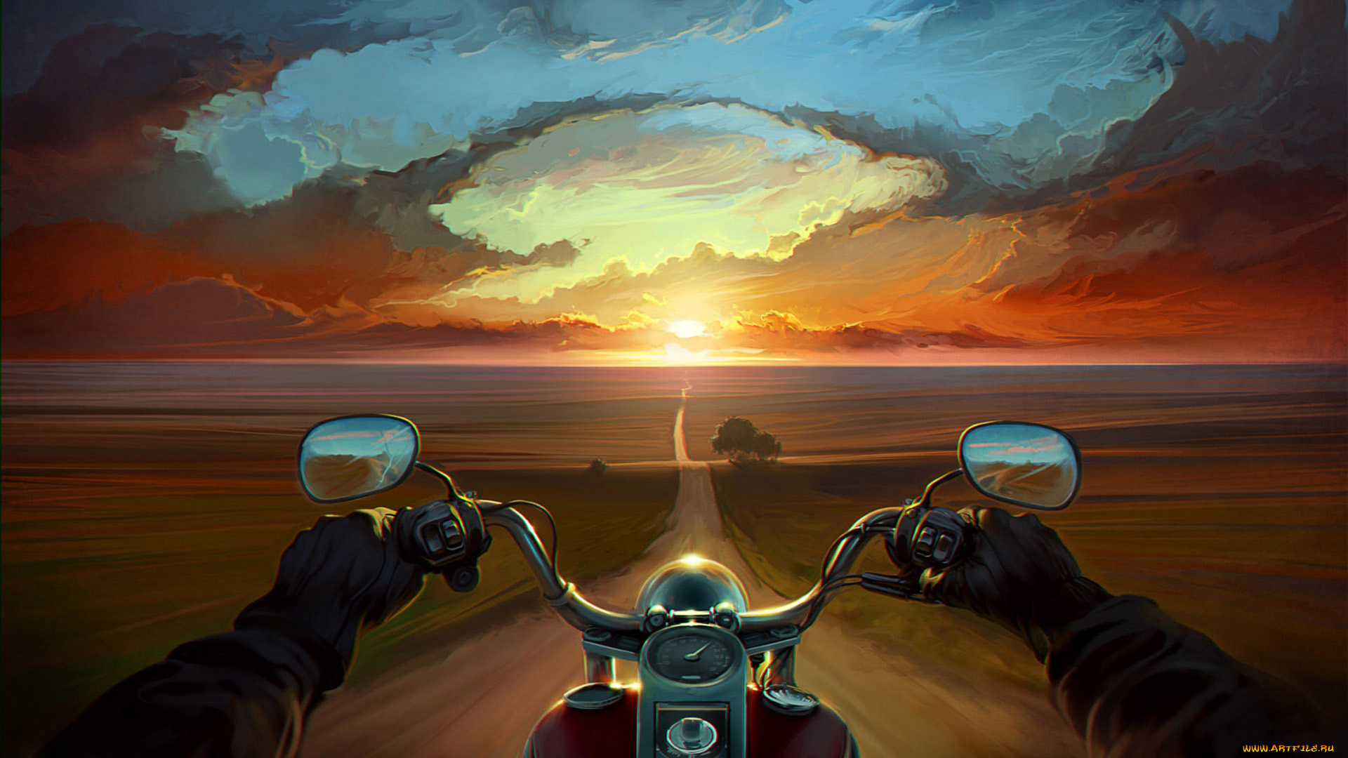 рисованное, природа, дорога, закат, мотоцикл, солнце, тучи, вечер