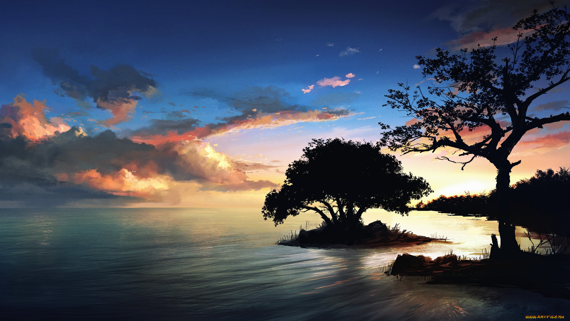 рисованное, природа, небо, дерево, закат, берег, остров, море, вода, пейзаж