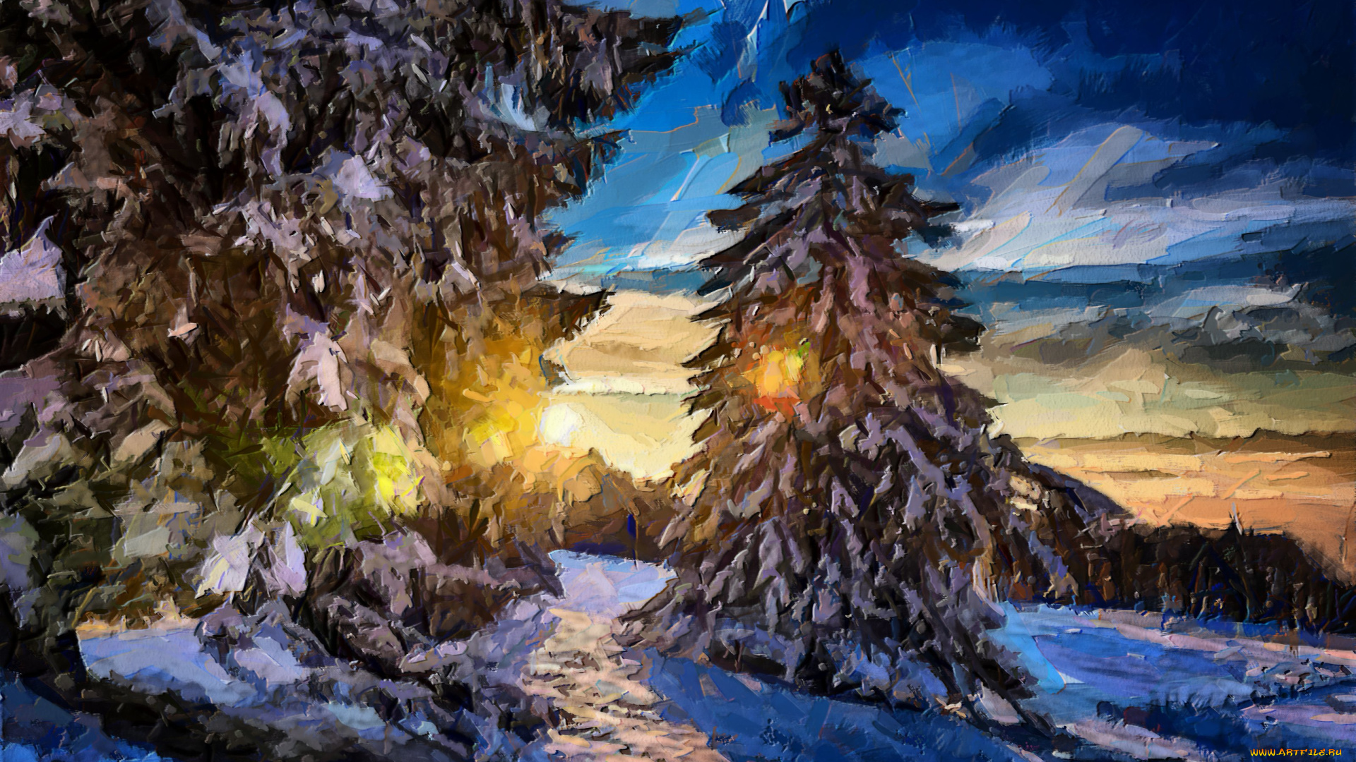 рисованное, природа, зима, ели, деревья, снег, вечер, солнце