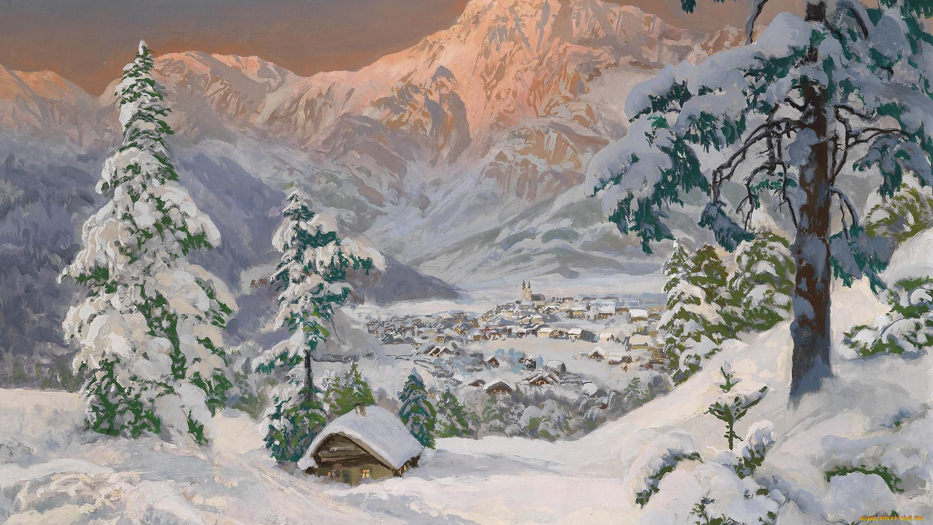 рисованное, живопись, снег, горы