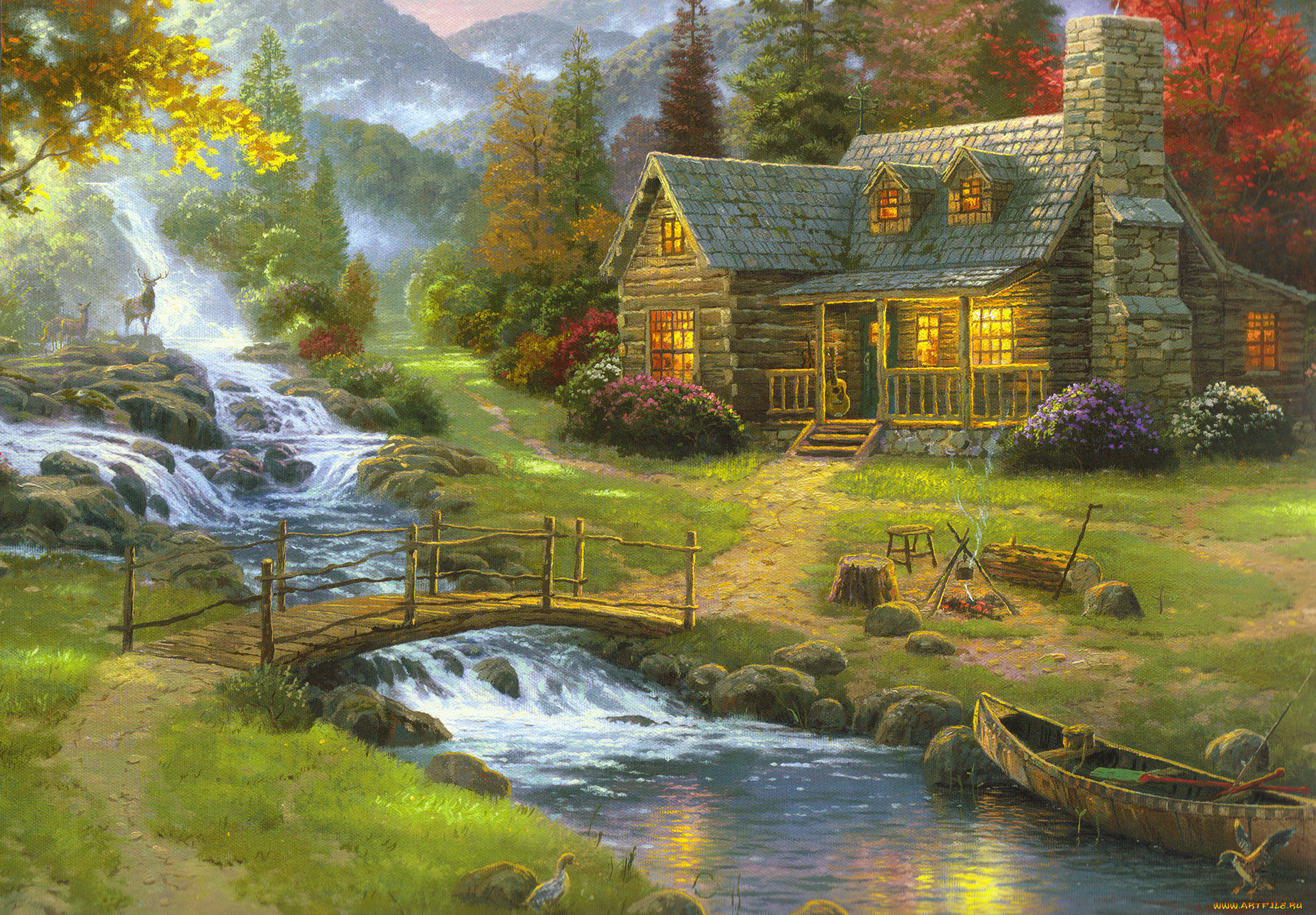 рисованное, живопись, лес, речка, домик, олени, лодка, мостик, река, труба, свет