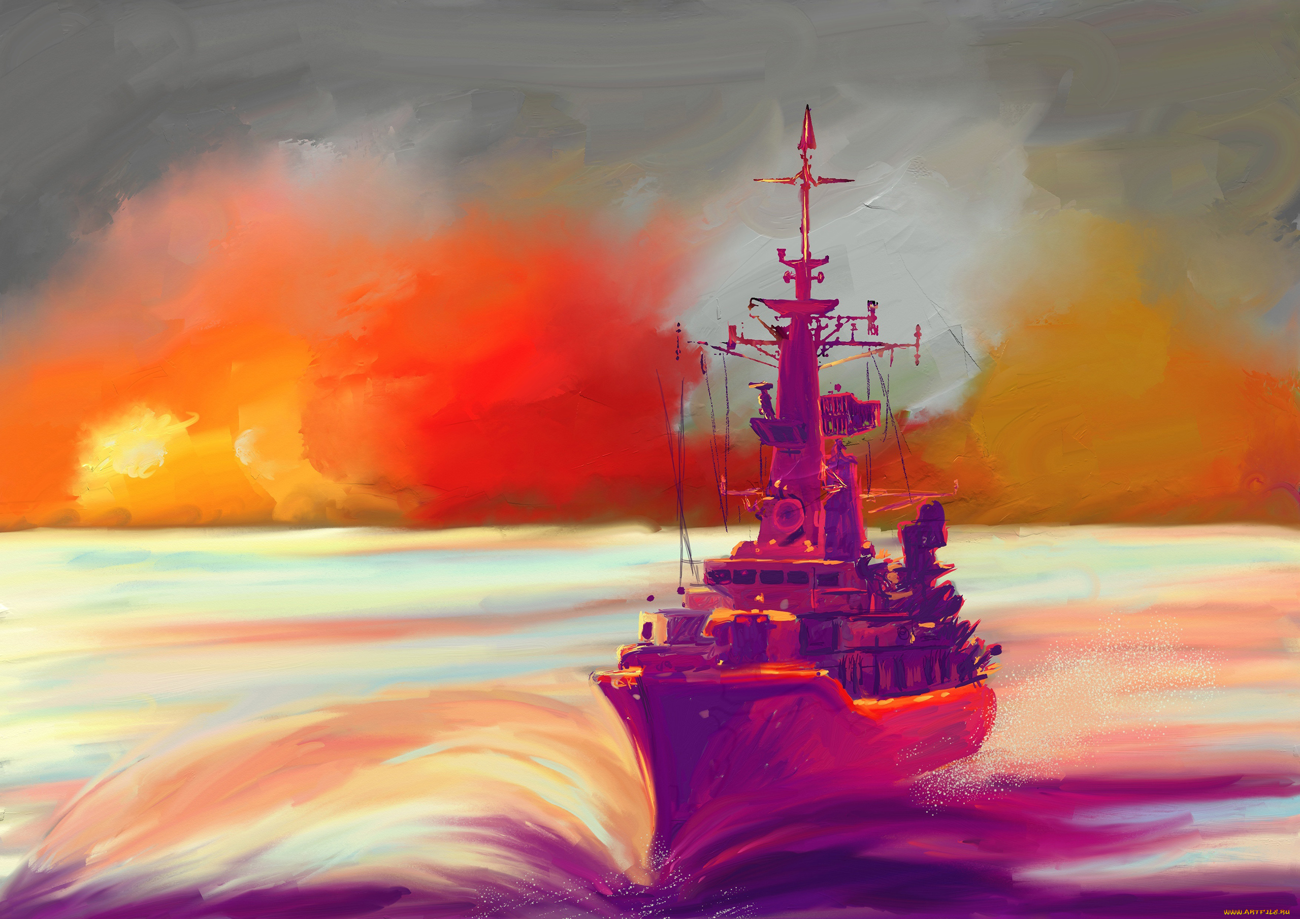 корабли, рисованные, закат, взрывы, волны, корабль, небо, море, эсминец