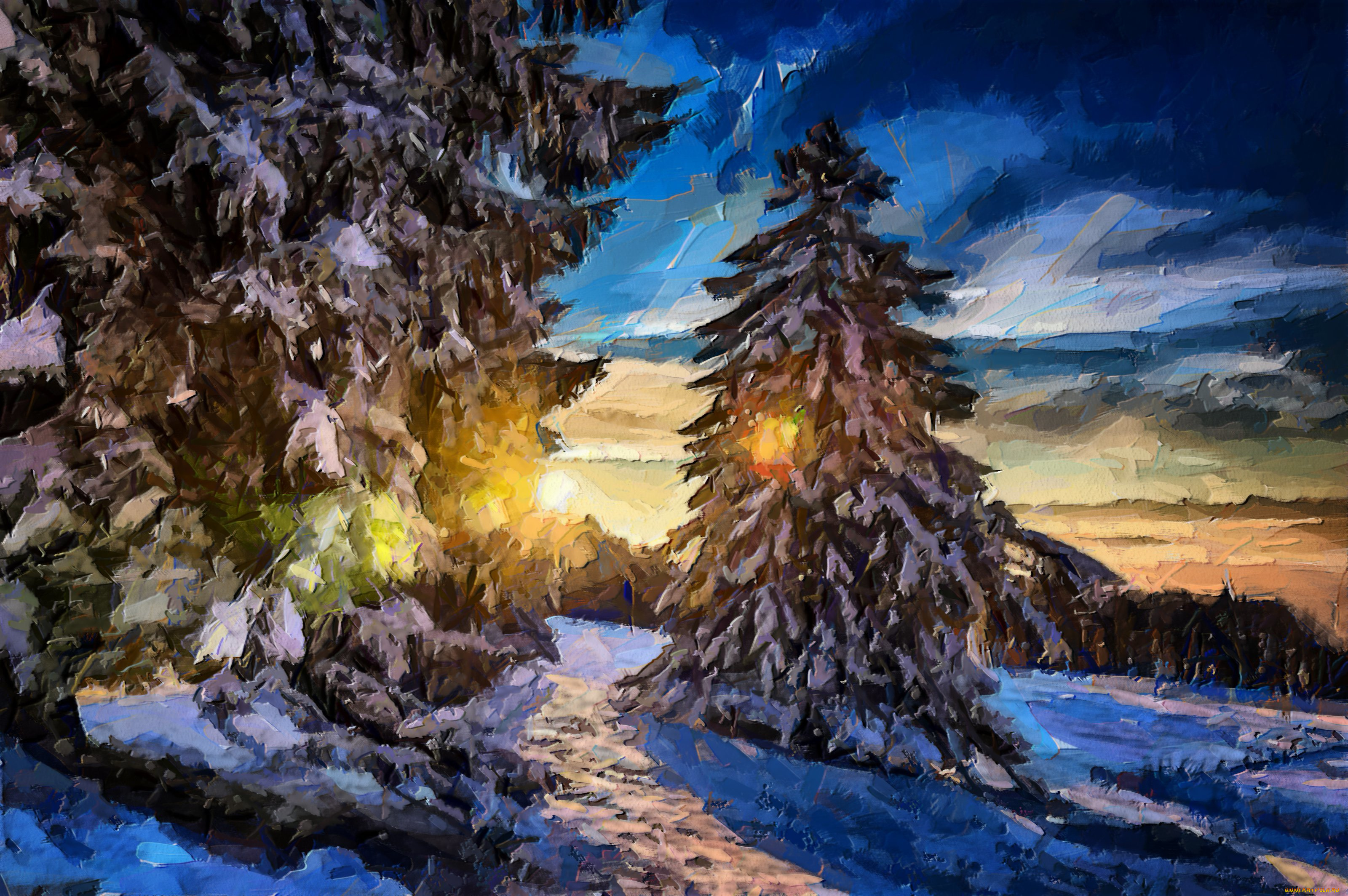 рисованное, природа, зима, ели, деревья, снег, вечер, солнце