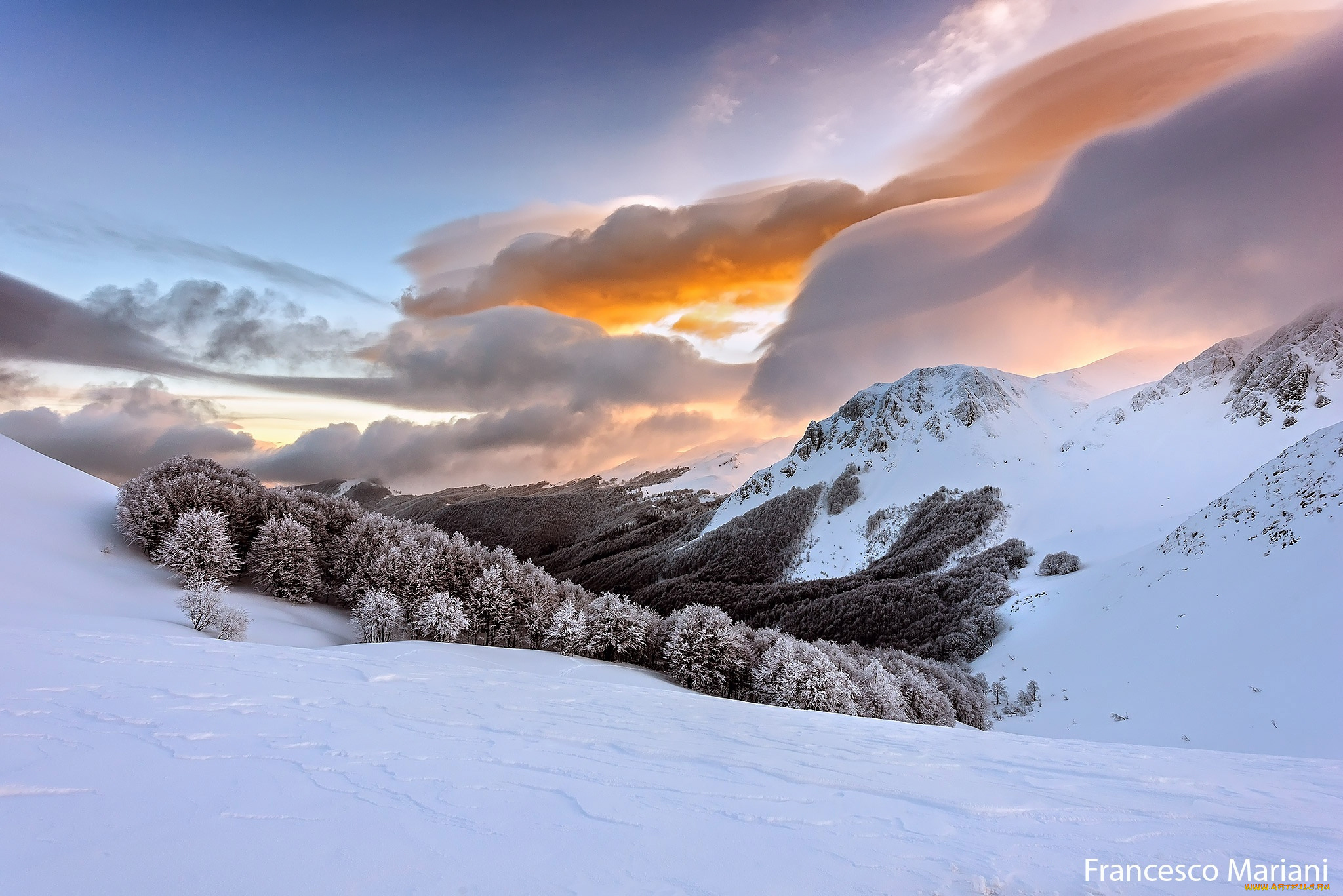 природа, зима, италия, апеннинские, горы, снег, небо, облака