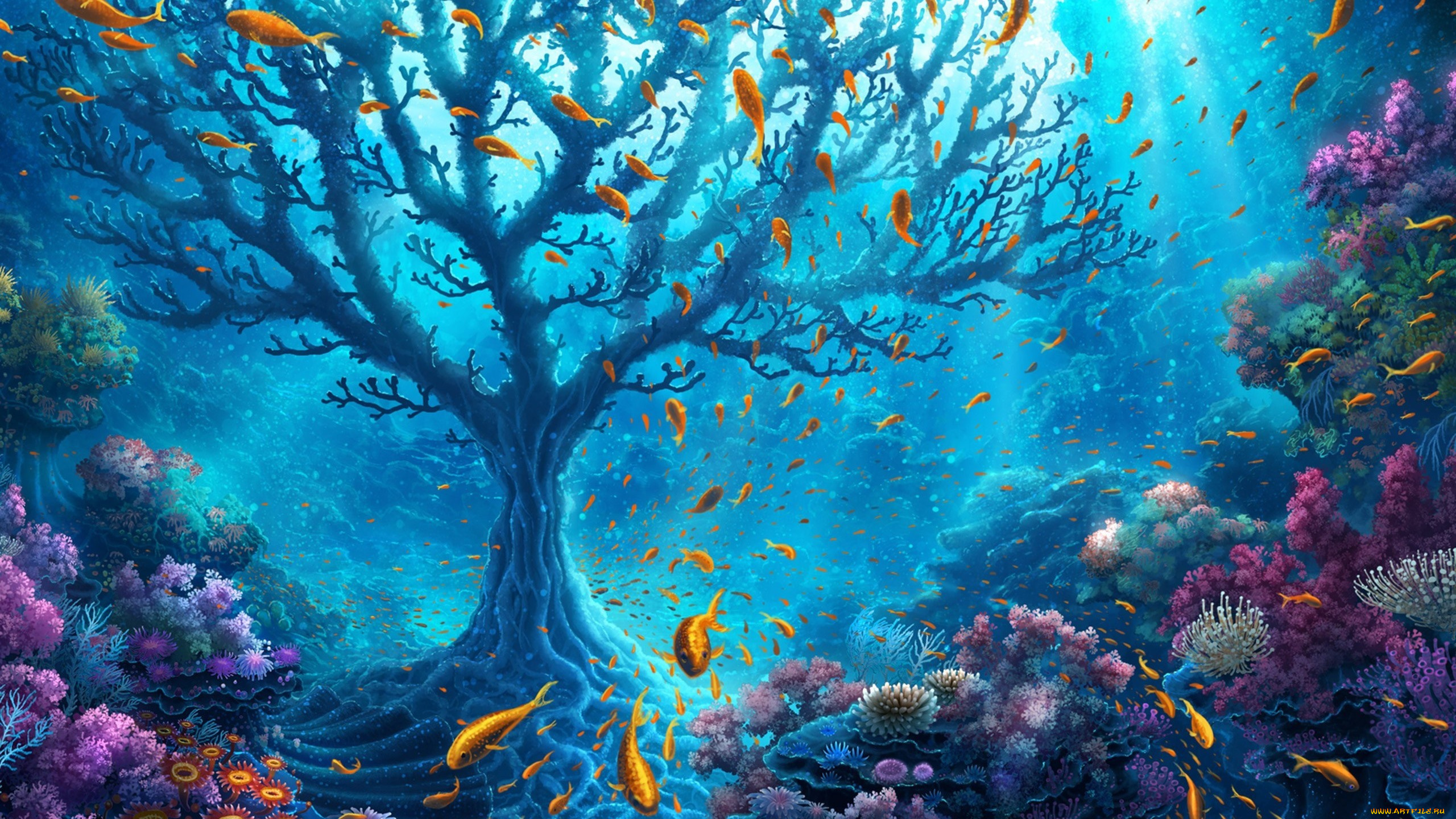фэнтези, другое, море, глубина, дно, дерево, кораллы, рыбы