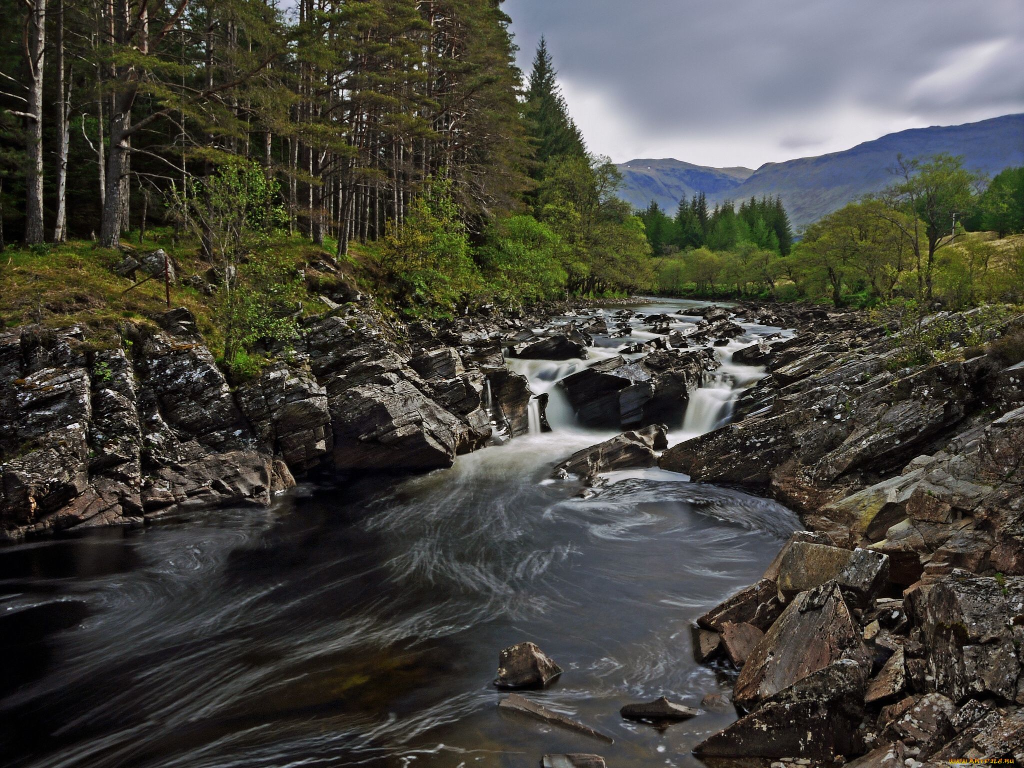 river, orchy, scotland, природа, реки, озера, горы, шотландия, река, камни, лес