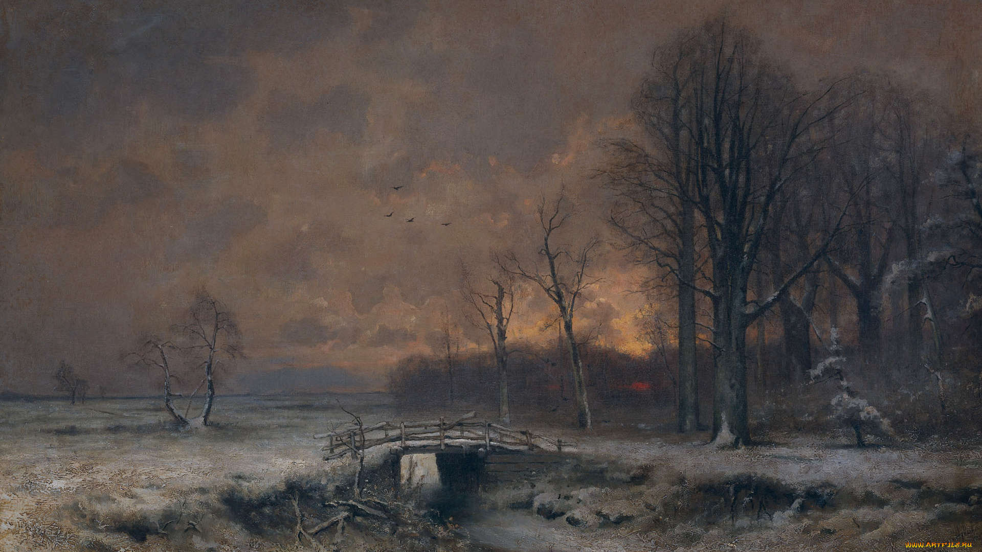 рисованное, живопись, мост, зимний, вид, с, закатом, между, деревьями, пейзаж, луис, апол, картина